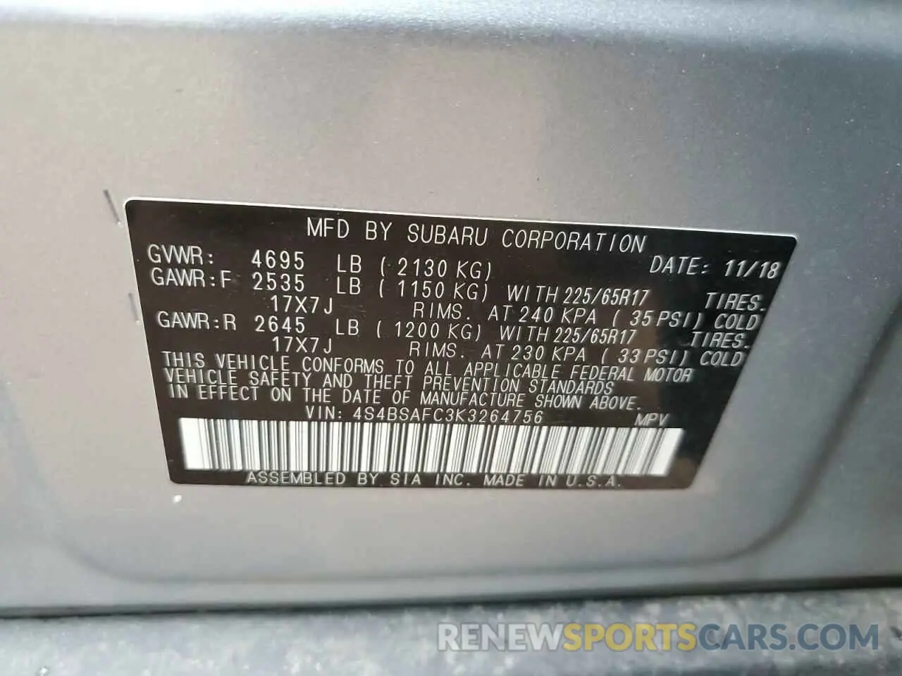 12 Photograph of a damaged car 4S4BSAFC3K3264756 SUBARU OUTBACK 2019