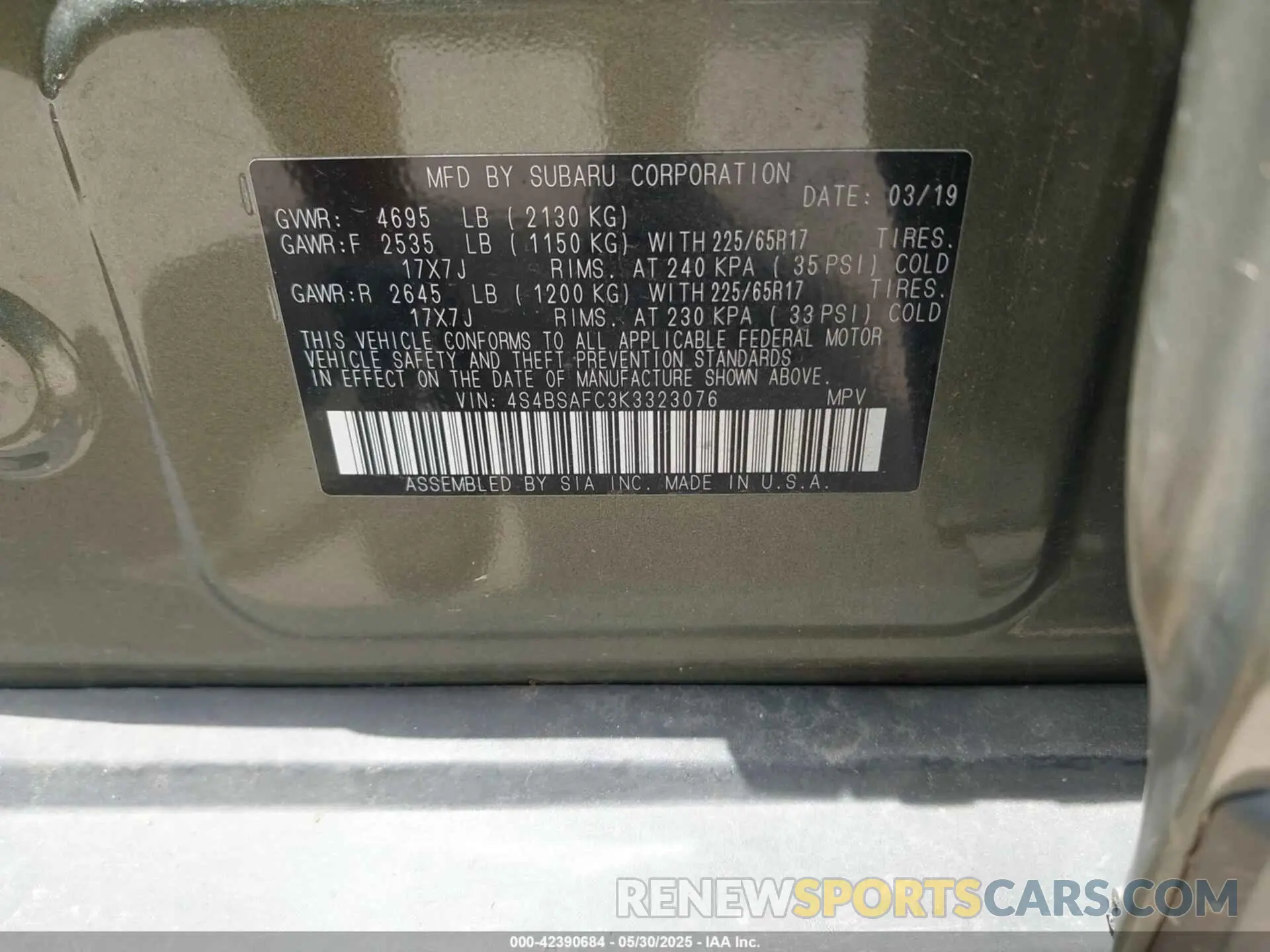 9 Photograph of a damaged car 4S4BSAFC3K3323076 SUBARU OUTBACK 2019