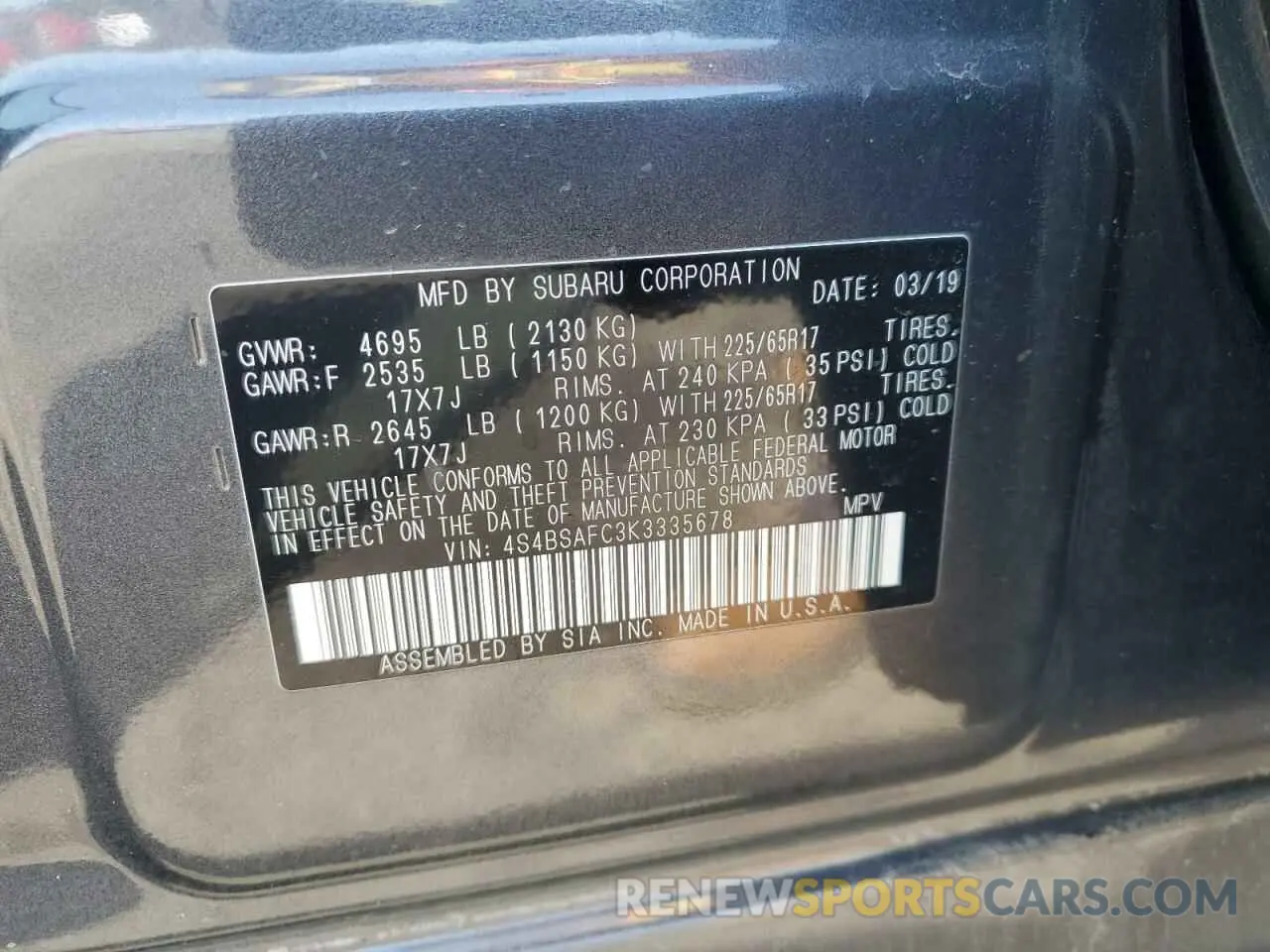 13 Photograph of a damaged car 4S4BSAFC3K3335678 SUBARU OUTBACK 2019