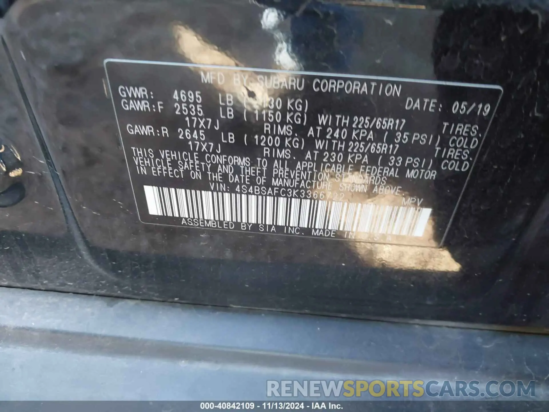 9 Photograph of a damaged car 4S4BSAFC3K3366722 SUBARU OUTBACK 2019