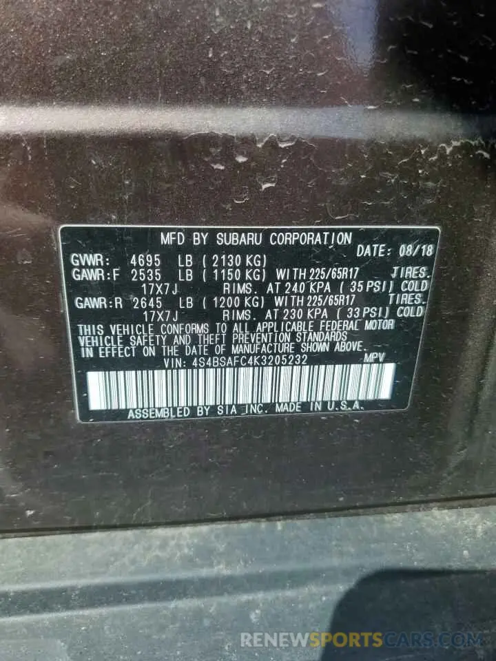 13 Photograph of a damaged car 4S4BSAFC4K3205232 SUBARU OUTBACK 2019