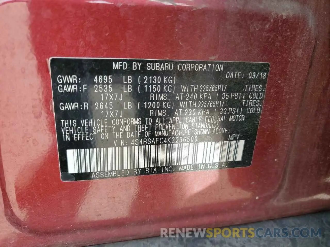 15 Photograph of a damaged car 4S4BSAFC4K3236500 SUBARU OUTBACK 2019