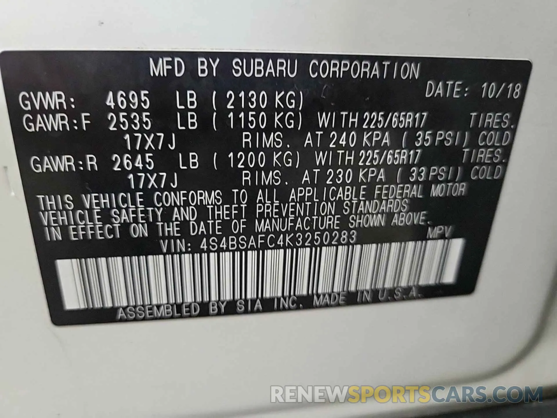 33 Photograph of a damaged car 4S4BSAFC4K3250283 SUBARU OUTBACK 2019