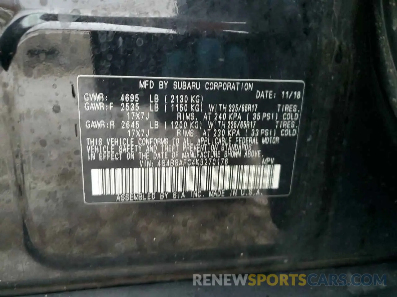 14 Photograph of a damaged car 4S4BSAFC4K3270176 SUBARU OUTBACK 2019