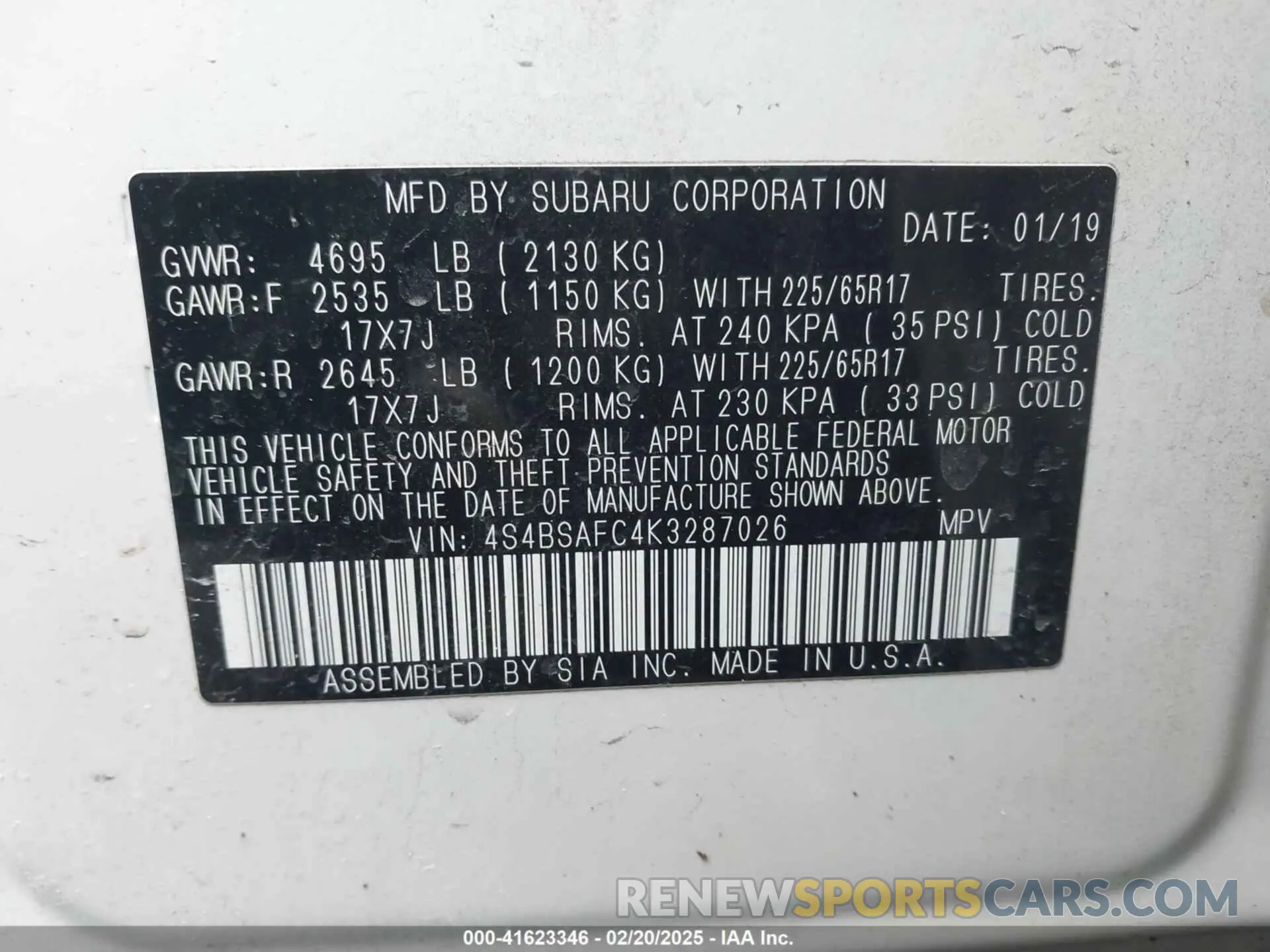 9 Photograph of a damaged car 4S4BSAFC4K3287026 SUBARU OUTBACK 2019