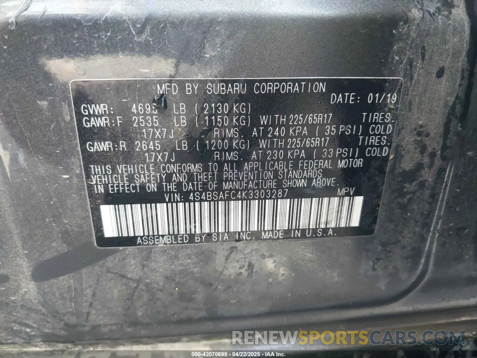 9 Photograph of a damaged car 4S4BSAFC4K3303287 SUBARU OUTBACK 2019