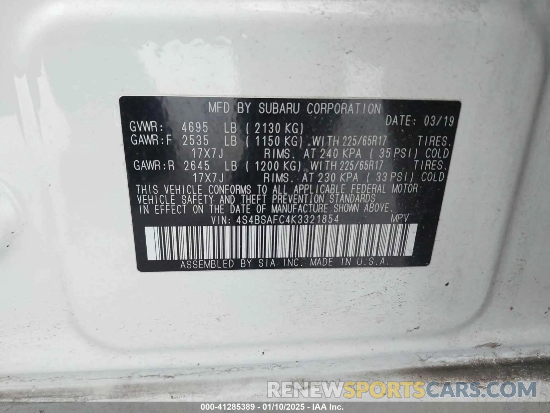 9 Photograph of a damaged car 4S4BSAFC4K3321854 SUBARU OUTBACK 2019