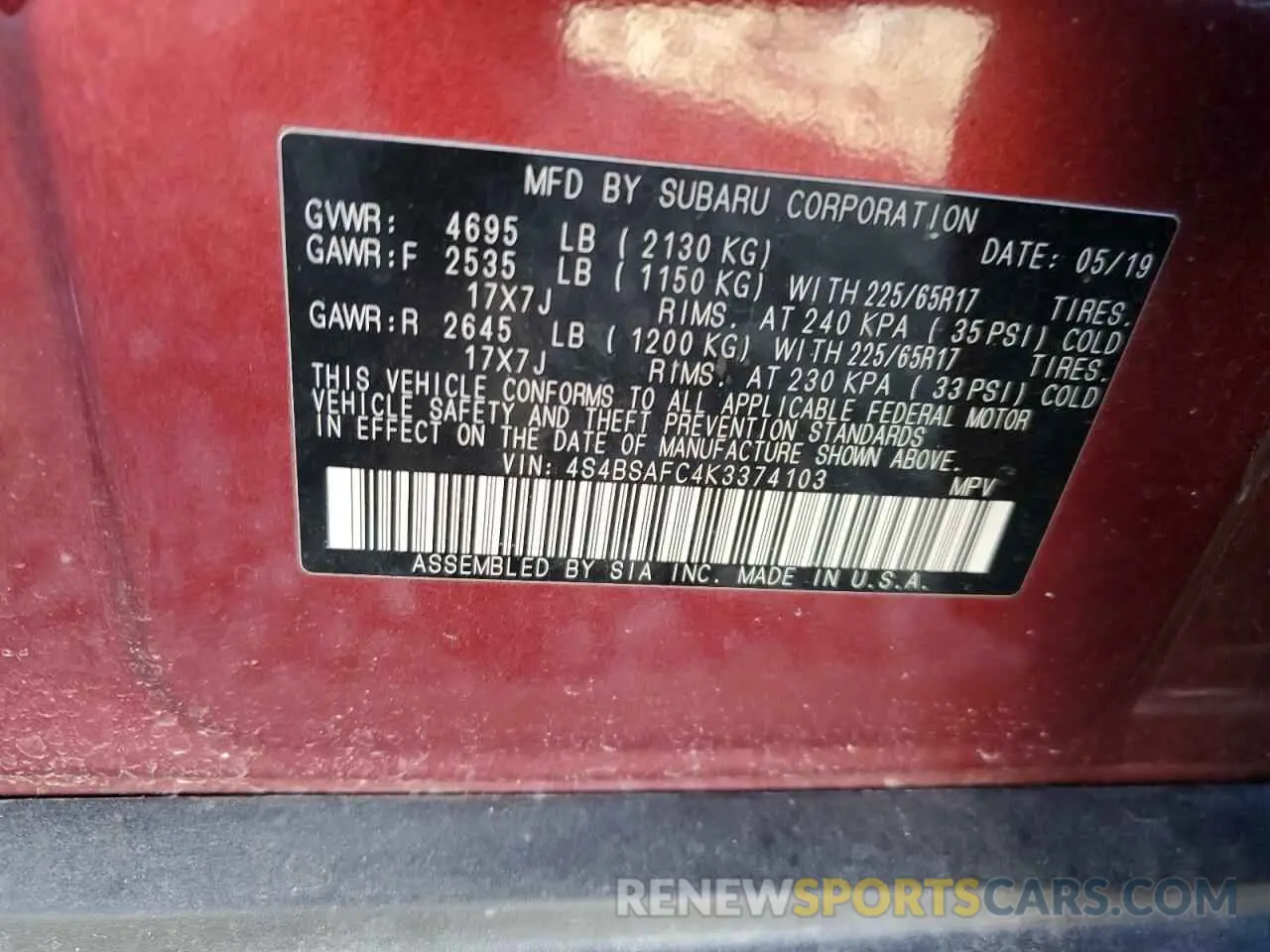 12 Photograph of a damaged car 4S4BSAFC4K3374103 SUBARU OUTBACK 2019
