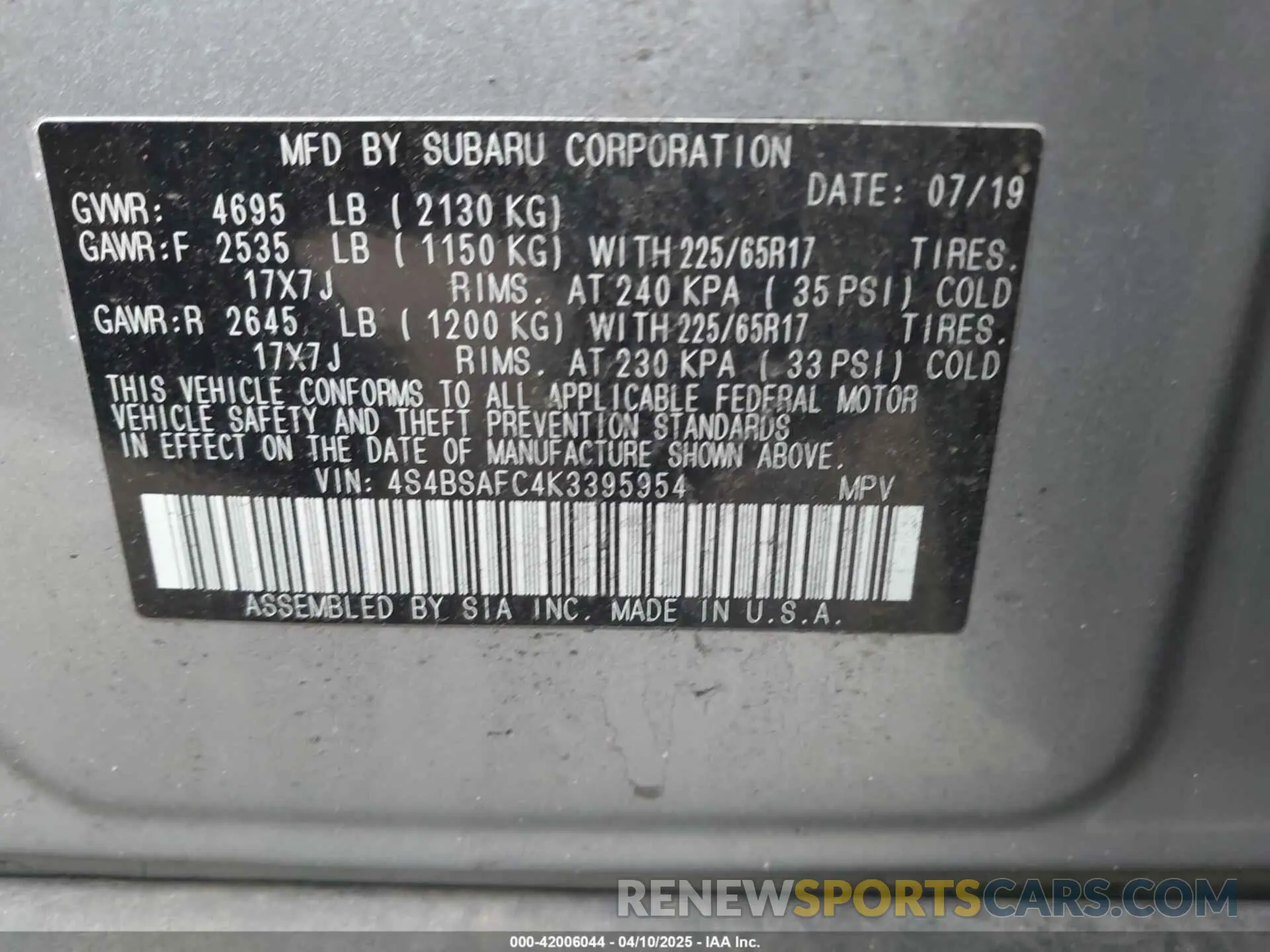 9 Photograph of a damaged car 4S4BSAFC4K3395954 SUBARU OUTBACK 2019