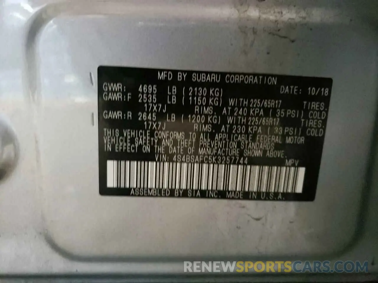 14 Photograph of a damaged car 4S4BSAFC5K3257744 SUBARU OUTBACK 2019