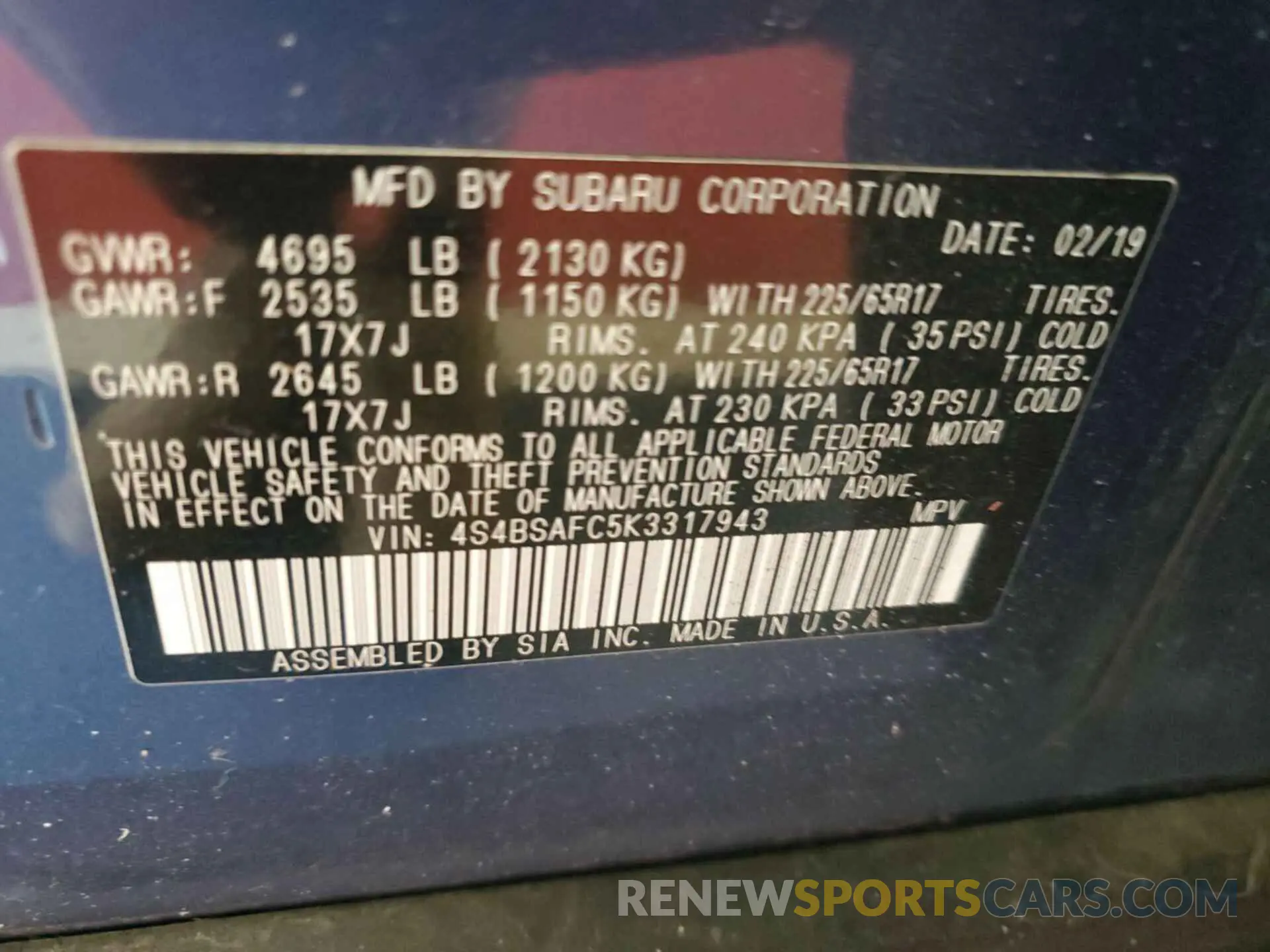 10 Photograph of a damaged car 4S4BSAFC5K3317943 SUBARU OUTBACK 2019