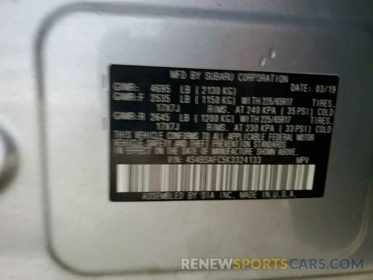 15 Photograph of a damaged car 4S4BSAFC5K3324133 SUBARU OUTBACK 2019