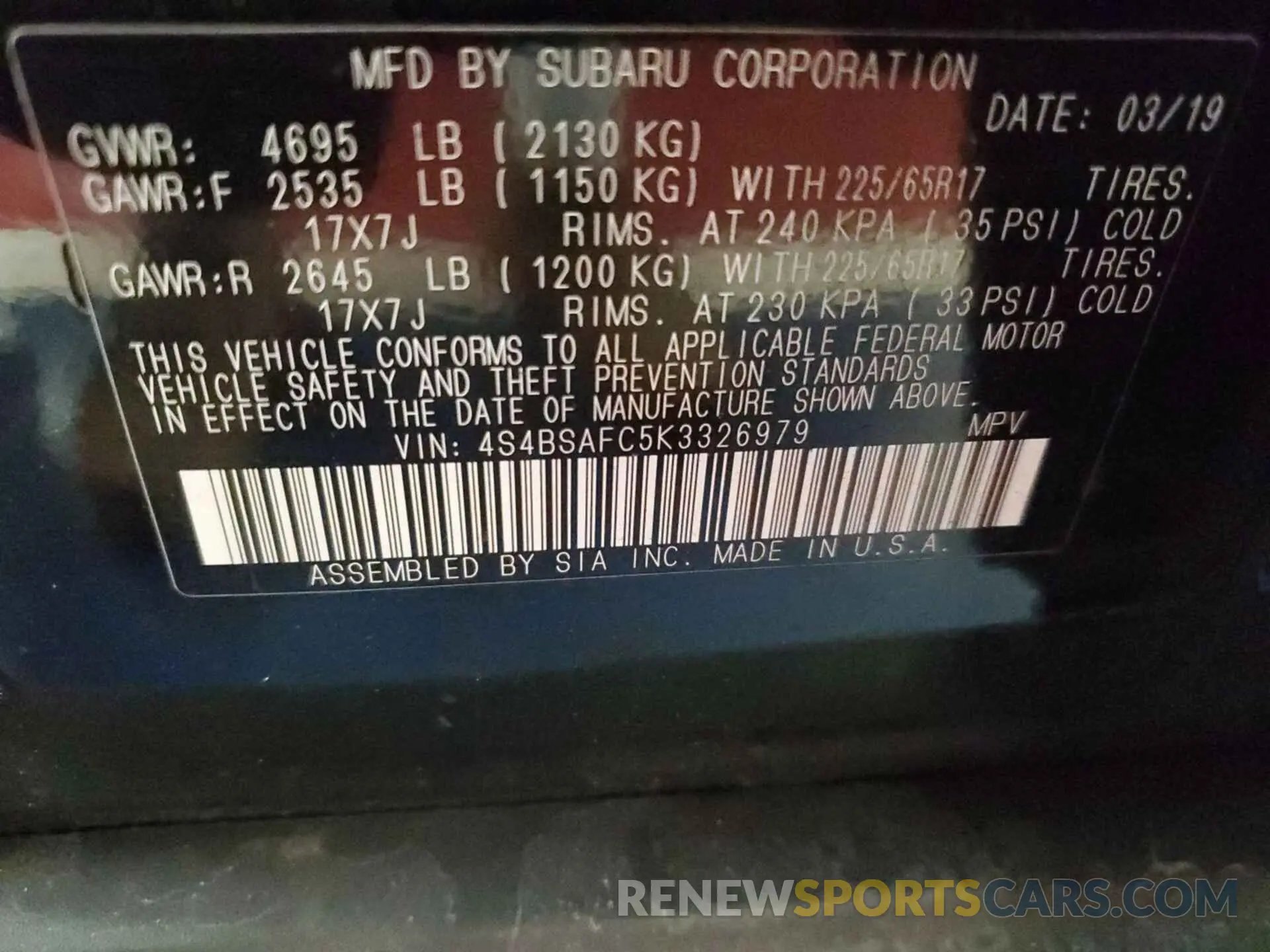 22 Photograph of a damaged car 4S4BSAFC5K3326979 SUBARU OUTBACK 2019