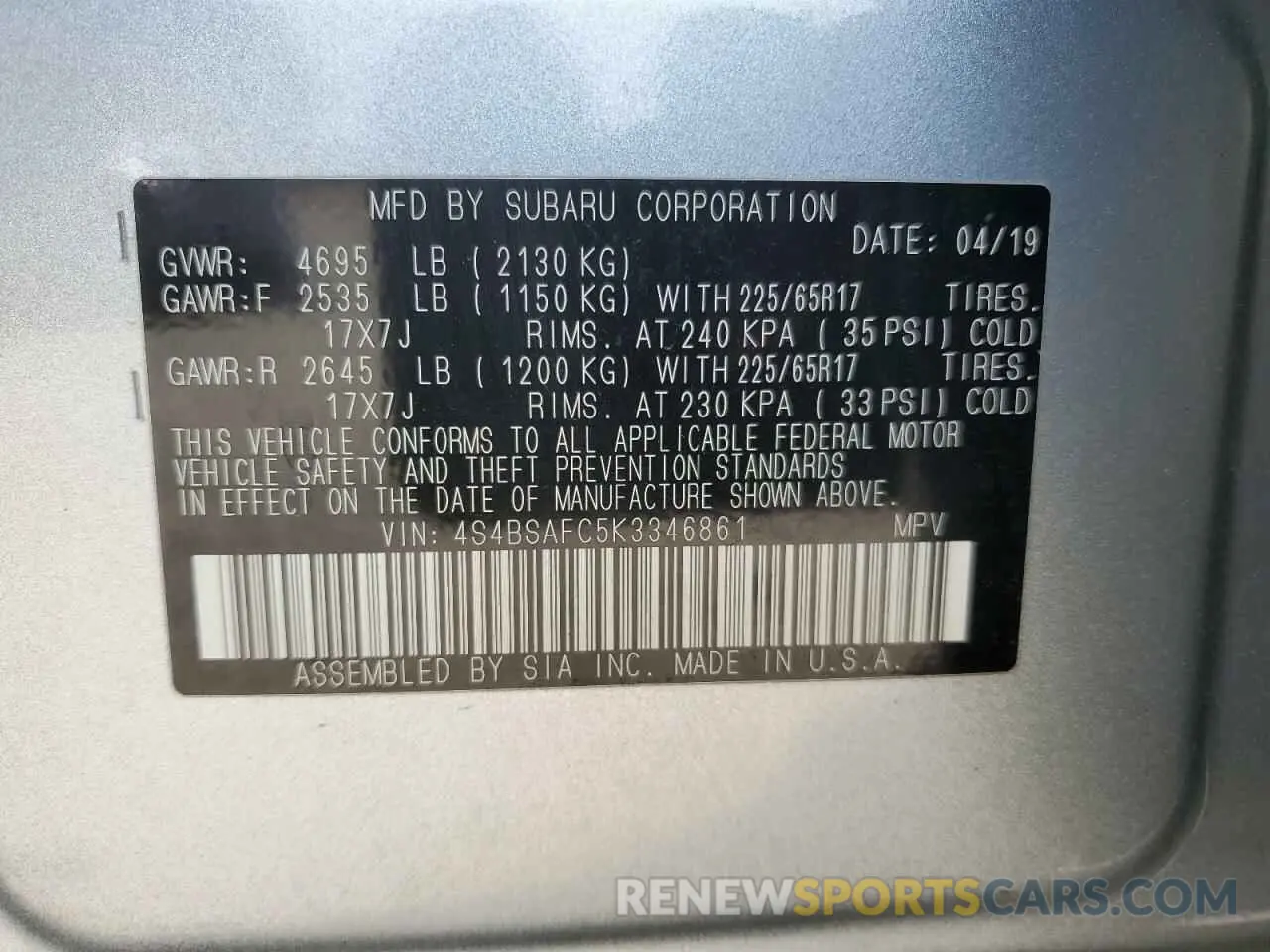 13 Photograph of a damaged car 4S4BSAFC5K3346861 SUBARU OUTBACK 2019