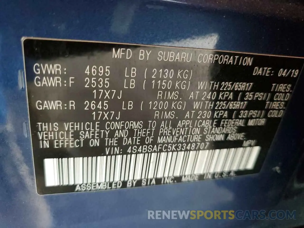 13 Photograph of a damaged car 4S4BSAFC5K3348707 SUBARU OUTBACK 2019