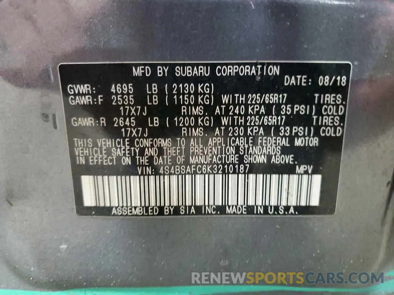 13 Photograph of a damaged car 4S4BSAFC6K3210187 SUBARU OUTBACK 2019