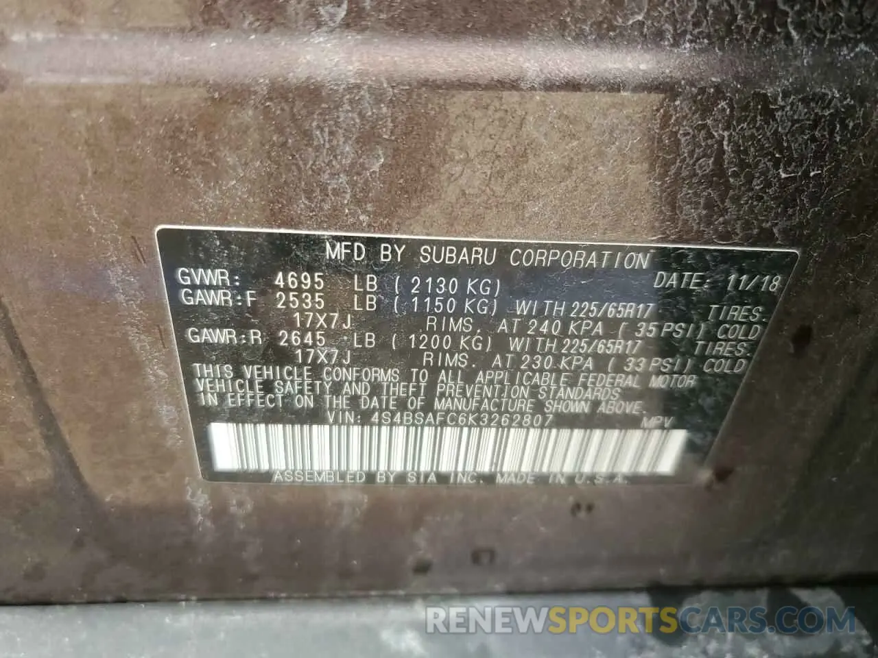 13 Photograph of a damaged car 4S4BSAFC6K3262807 SUBARU OUTBACK 2019