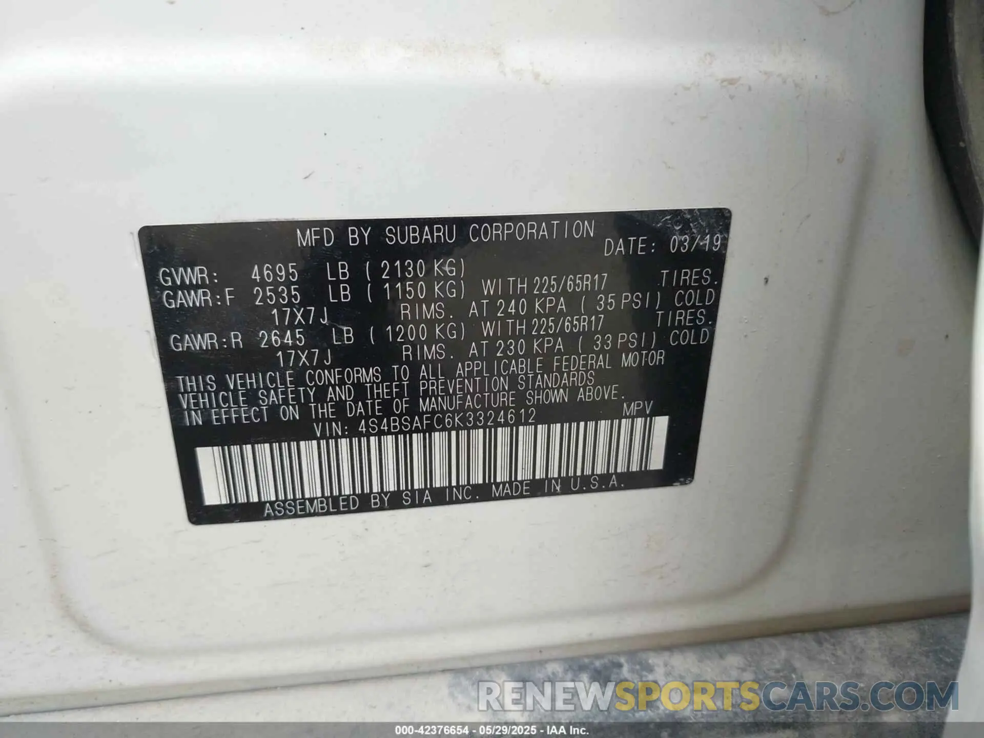 9 Photograph of a damaged car 4S4BSAFC6K3324612 SUBARU OUTBACK 2019