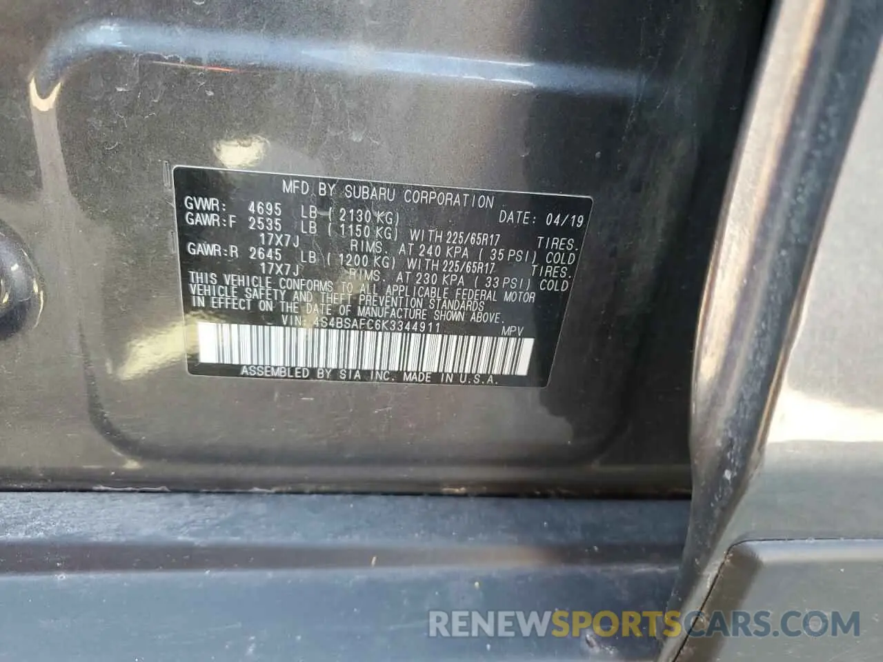 13 Photograph of a damaged car 4S4BSAFC6K3344911 SUBARU OUTBACK 2019