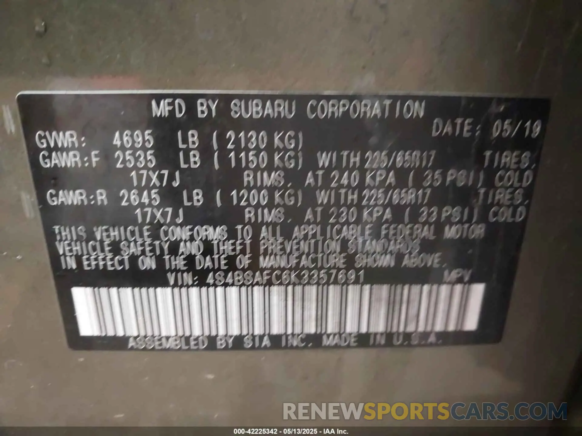 9 Photograph of a damaged car 4S4BSAFC6K3357691 SUBARU OUTBACK 2019