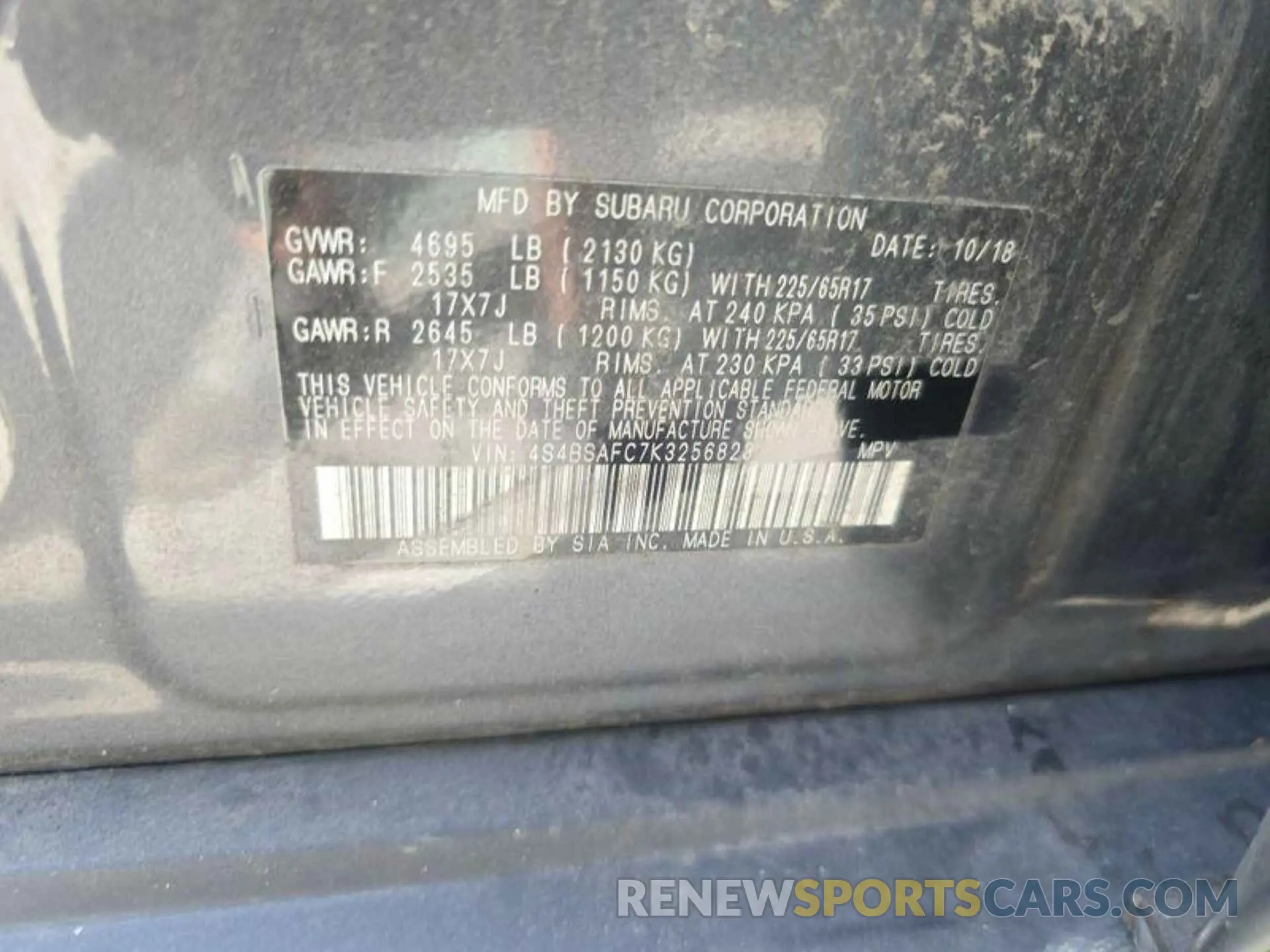 19 Photograph of a damaged car 4S4BSAFC7K3256823 SUBARU OUTBACK 2019