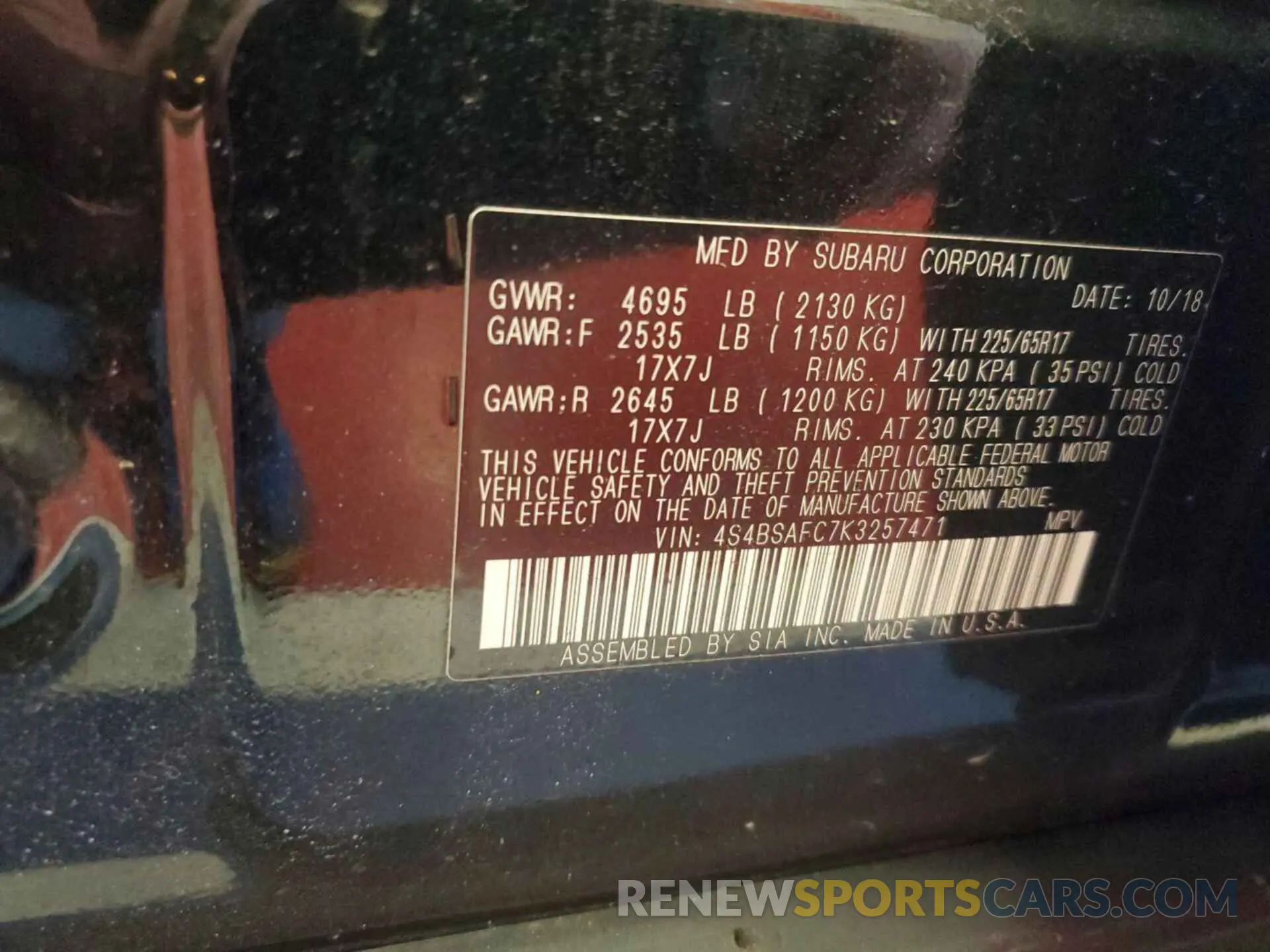 34 Photograph of a damaged car 4S4BSAFC7K3257471 SUBARU OUTBACK 2019