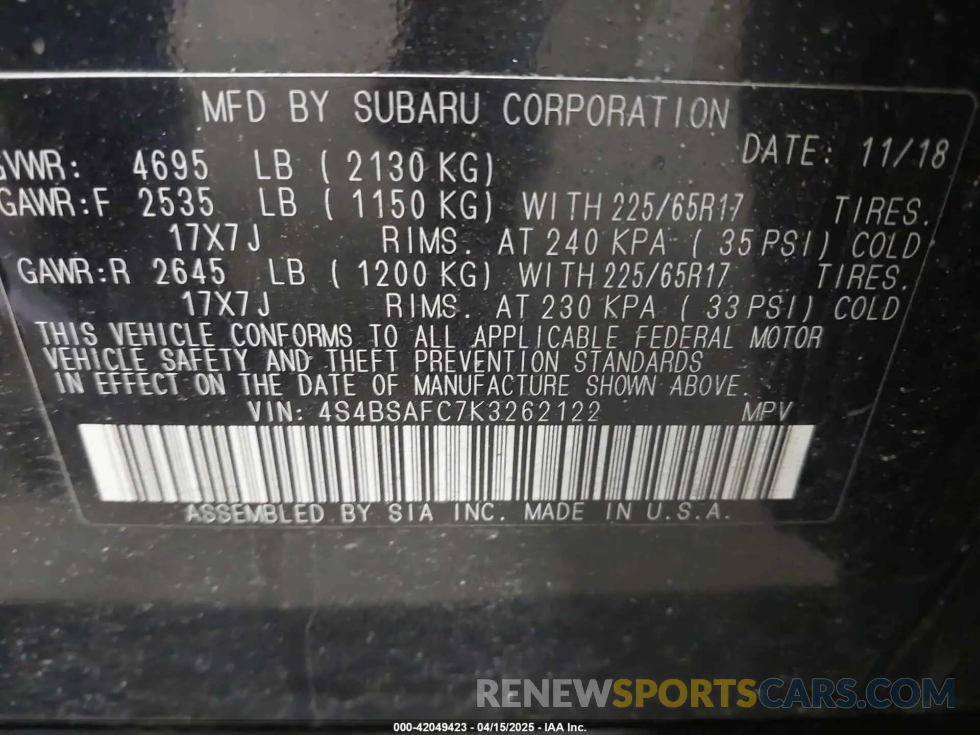 9 Photograph of a damaged car 4S4BSAFC7K3262122 SUBARU OUTBACK 2019