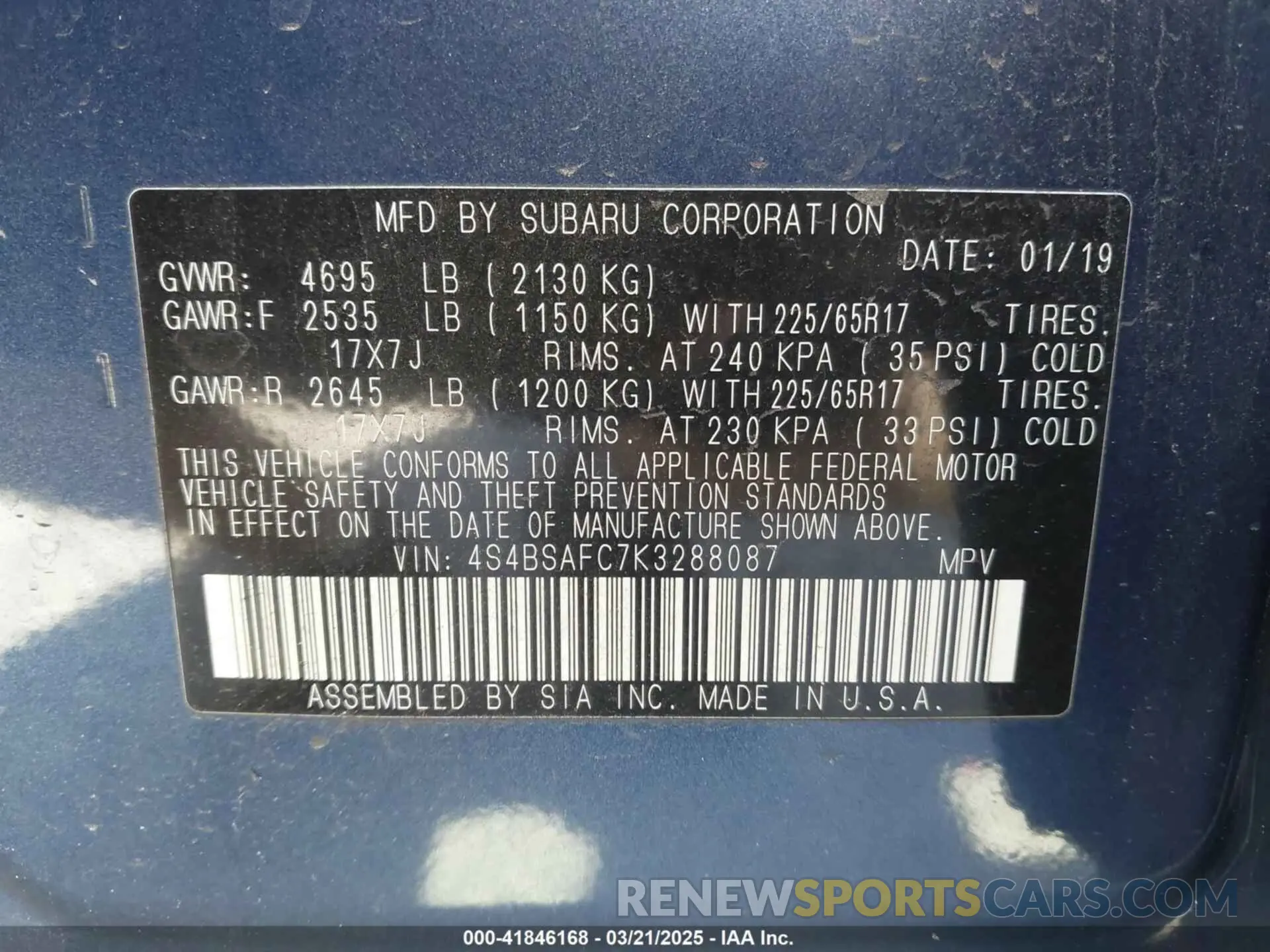 9 Photograph of a damaged car 4S4BSAFC7K3288087 SUBARU OUTBACK 2019