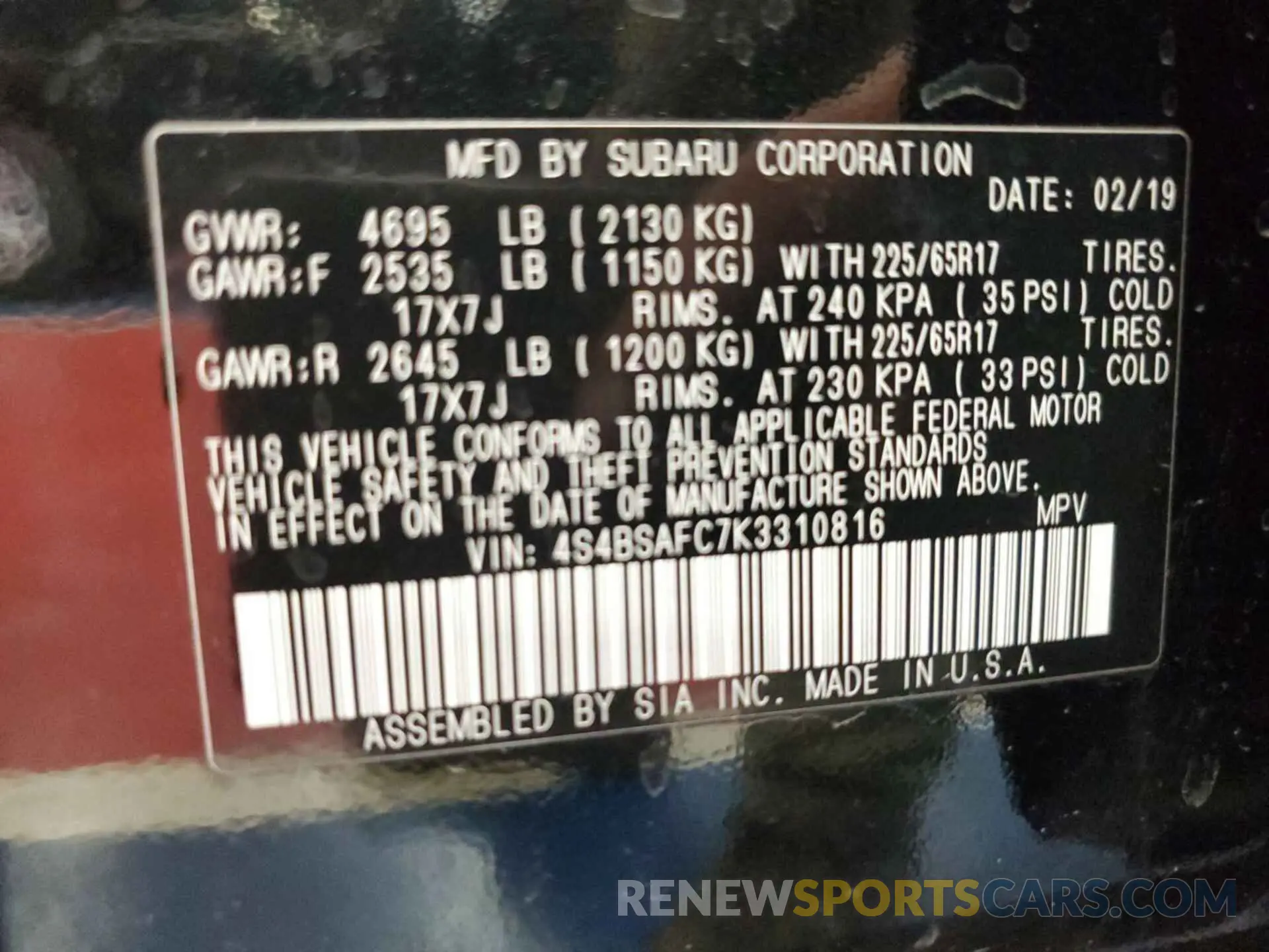 11 Photograph of a damaged car 4S4BSAFC7K3310816 SUBARU OUTBACK 2019