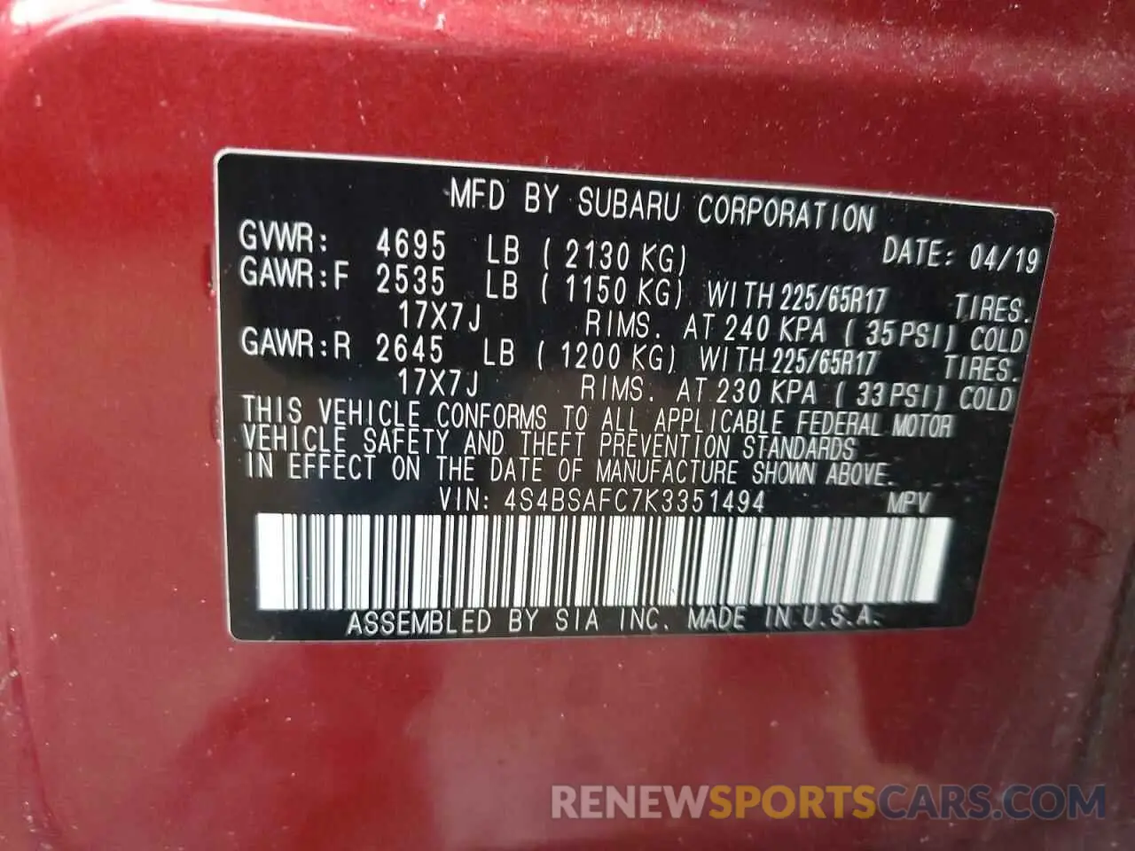 13 Photograph of a damaged car 4S4BSAFC7K3351494 SUBARU OUTBACK 2019