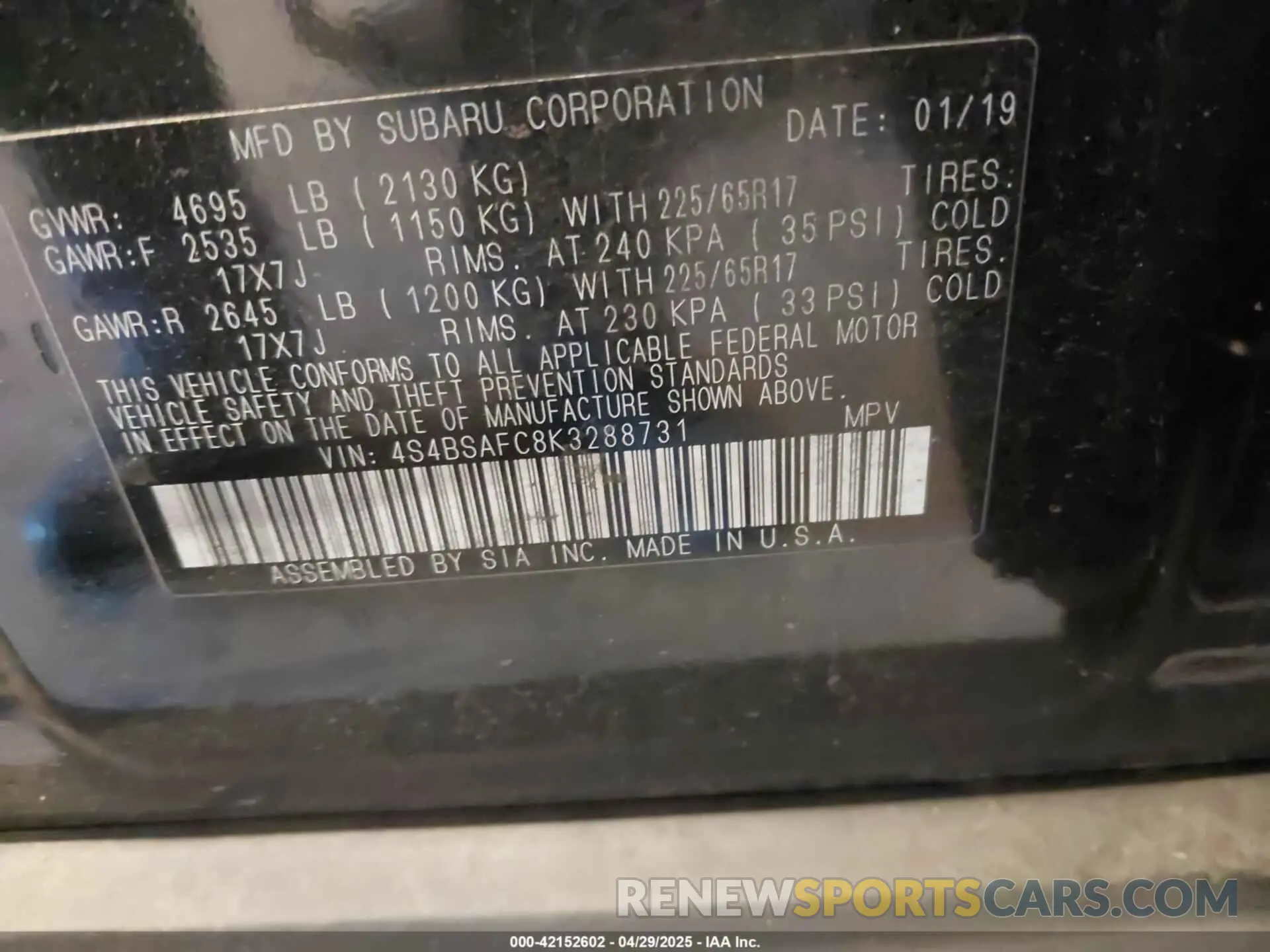 9 Photograph of a damaged car 4S4BSAFC8K3288731 SUBARU OUTBACK 2019