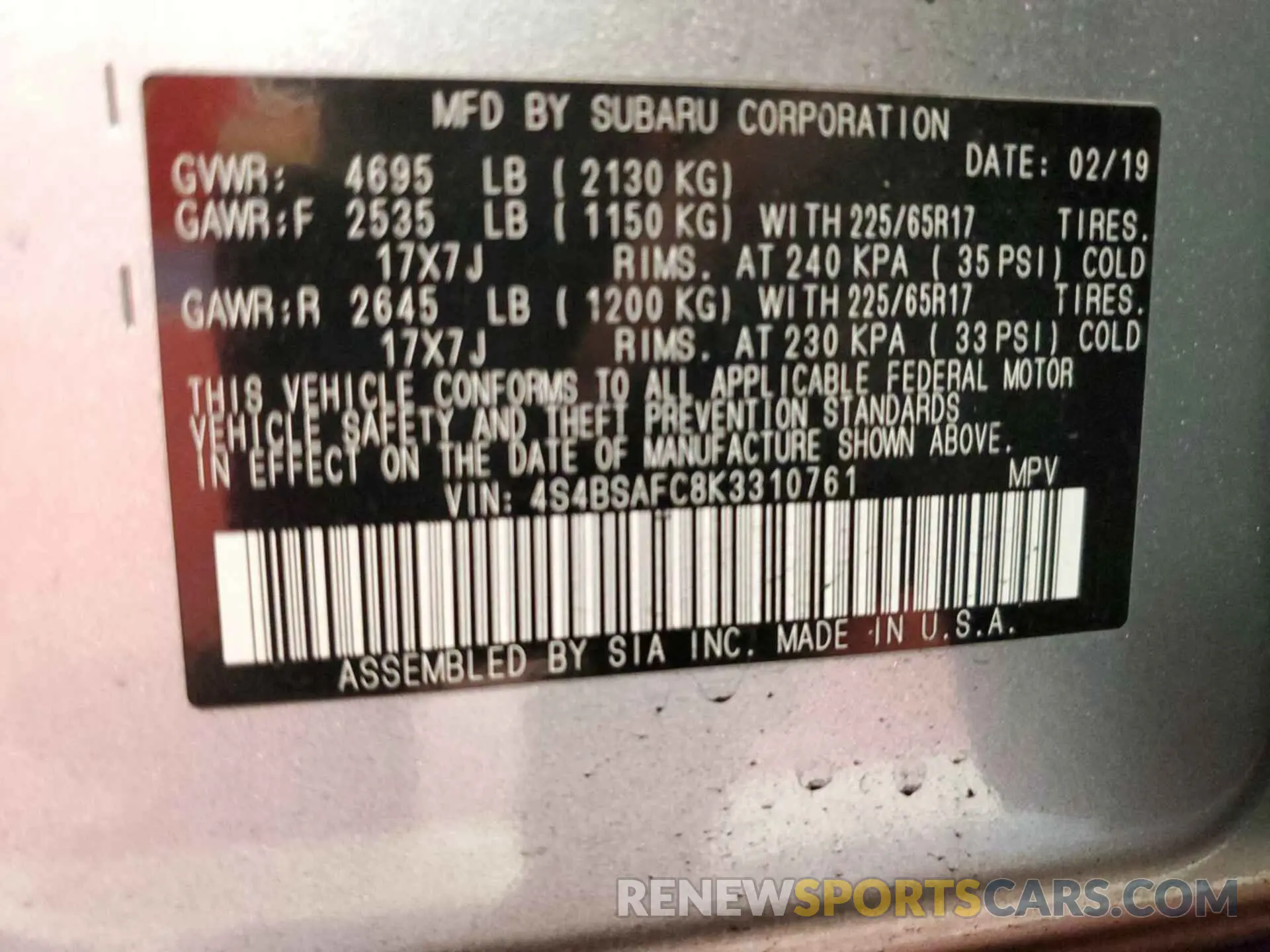 14 Photograph of a damaged car 4S4BSAFC8K3310761 SUBARU OUTBACK 2019