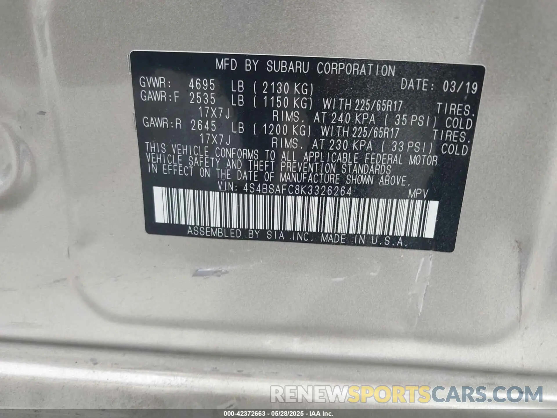 9 Photograph of a damaged car 4S4BSAFC8K3326264 SUBARU OUTBACK 2019