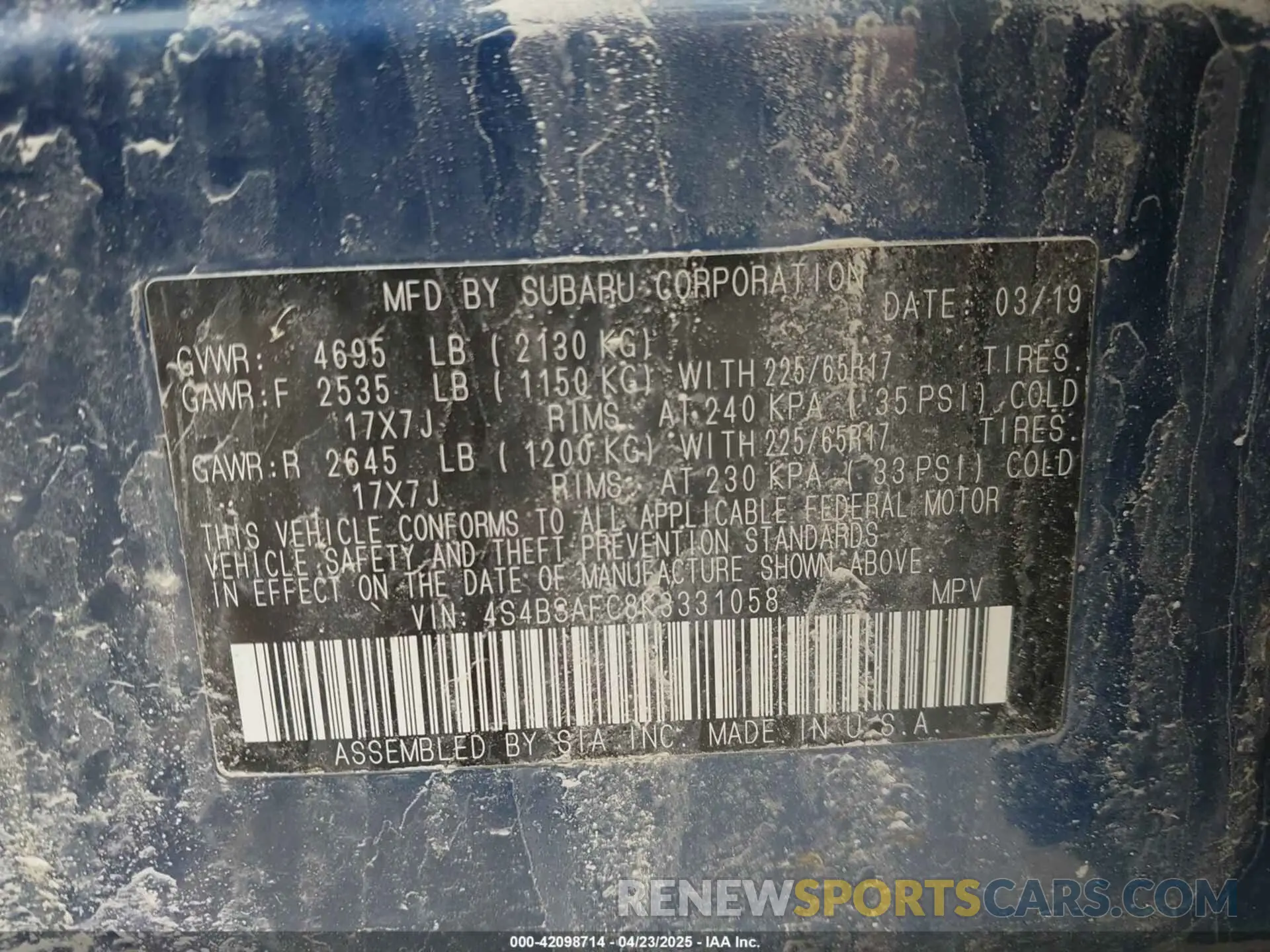 9 Photograph of a damaged car 4S4BSAFC8K3331058 SUBARU OUTBACK 2019