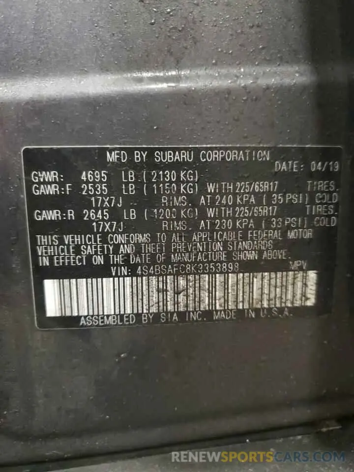 15 Photograph of a damaged car 4S4BSAFC8K3353898 SUBARU OUTBACK 2019