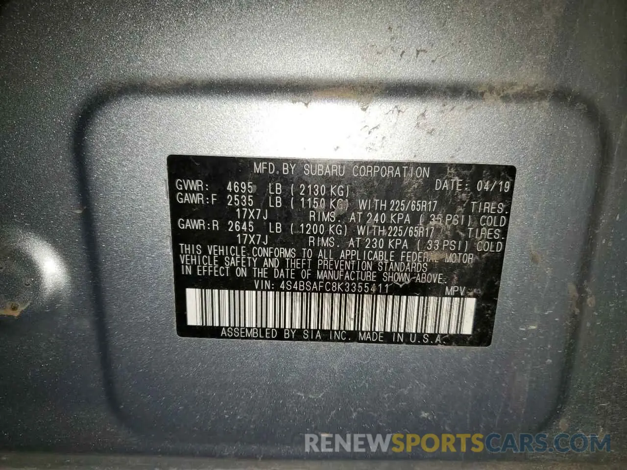 14 Photograph of a damaged car 4S4BSAFC8K3355411 SUBARU OUTBACK 2019