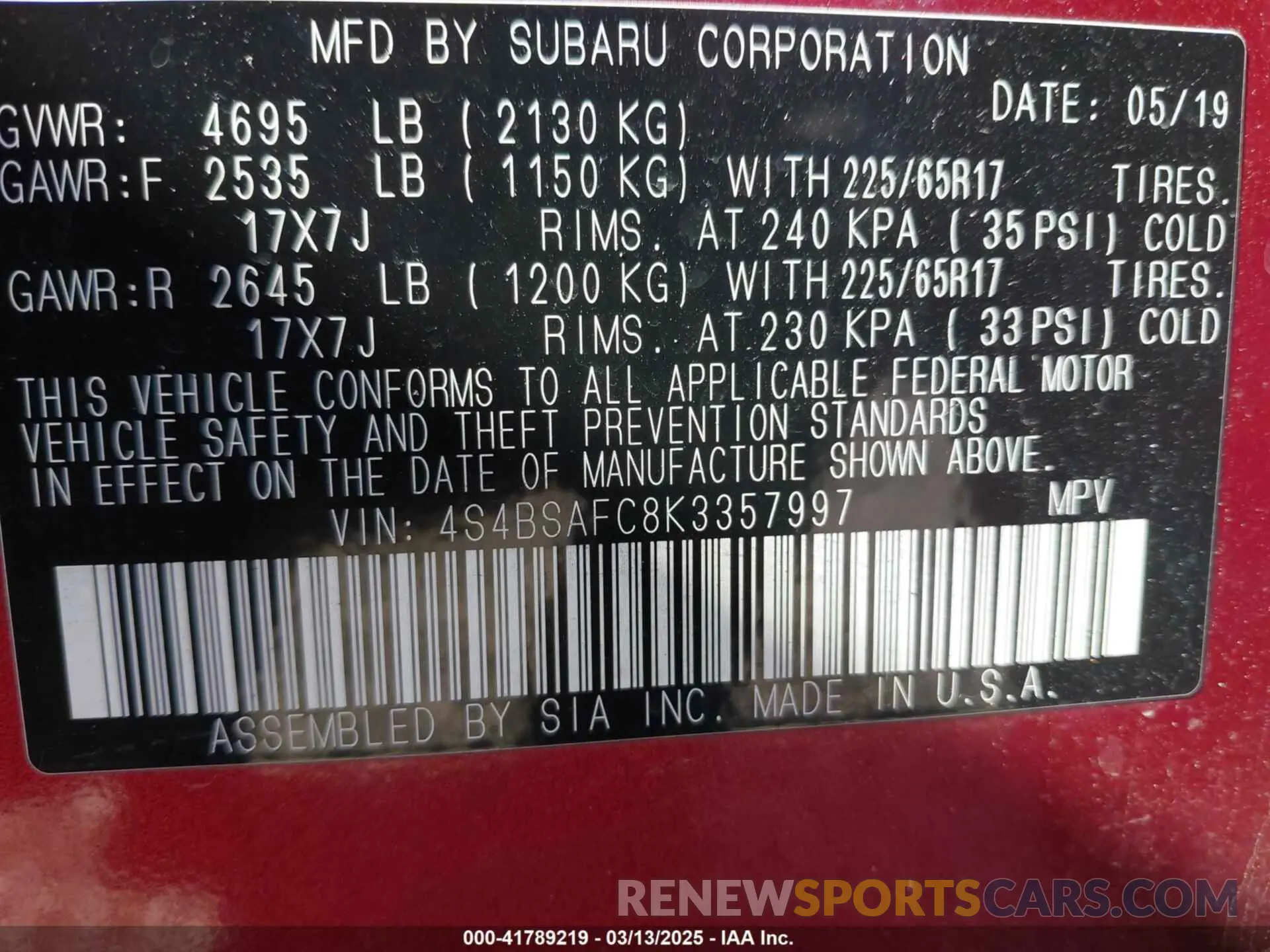 9 Photograph of a damaged car 4S4BSAFC8K3357997 SUBARU OUTBACK 2019
