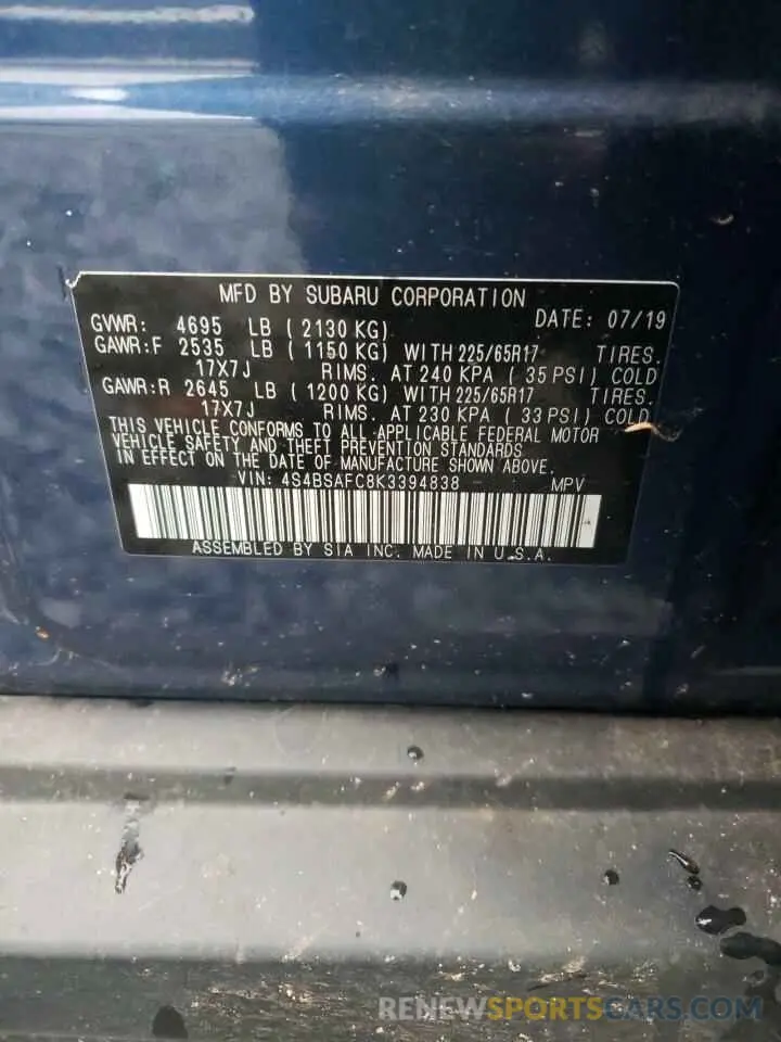 13 Photograph of a damaged car 4S4BSAFC8K3394838 SUBARU OUTBACK 2019