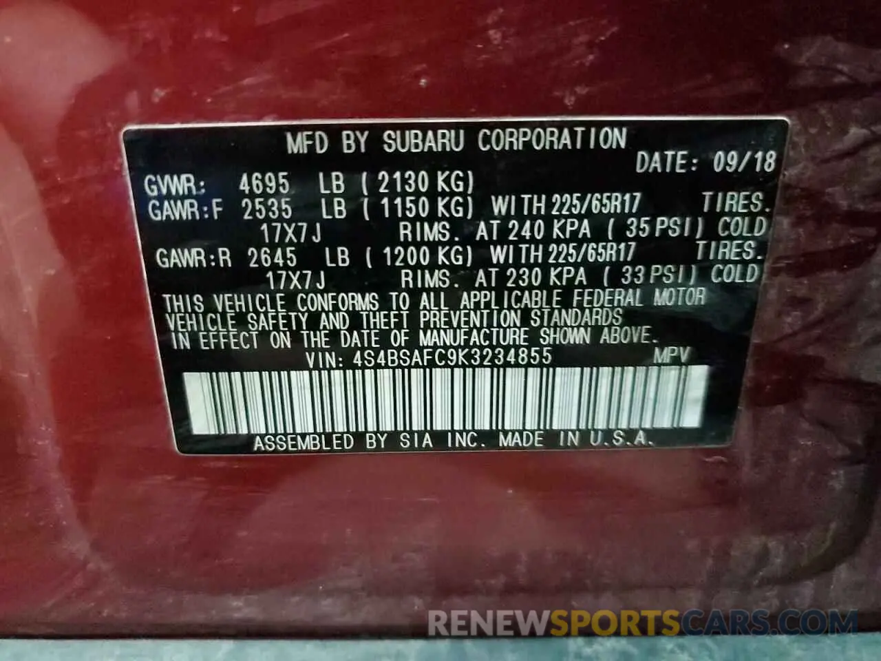 13 Photograph of a damaged car 4S4BSAFC9K3234855 SUBARU OUTBACK 2019