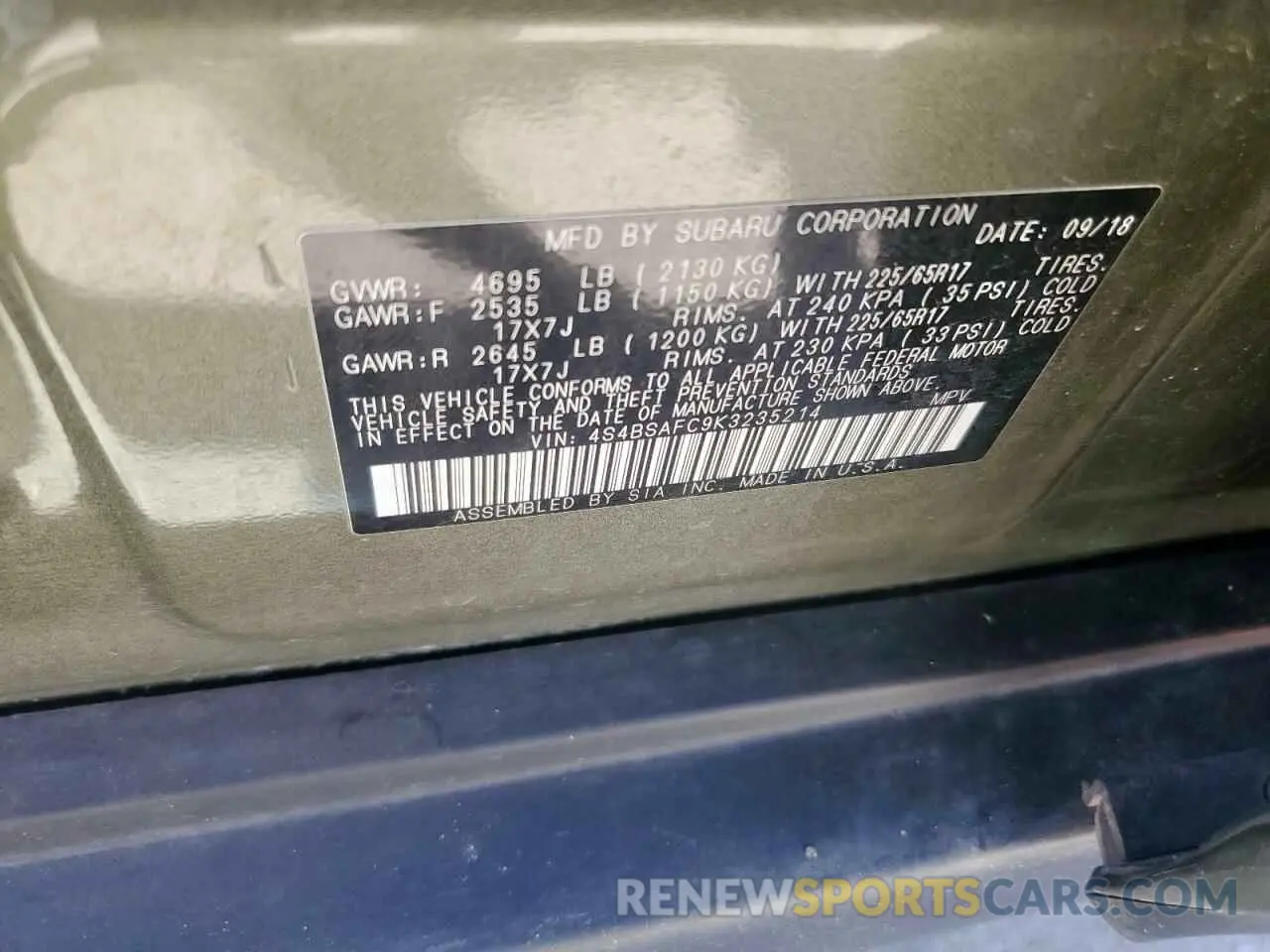 13 Photograph of a damaged car 4S4BSAFC9K3235214 SUBARU OUTBACK 2019