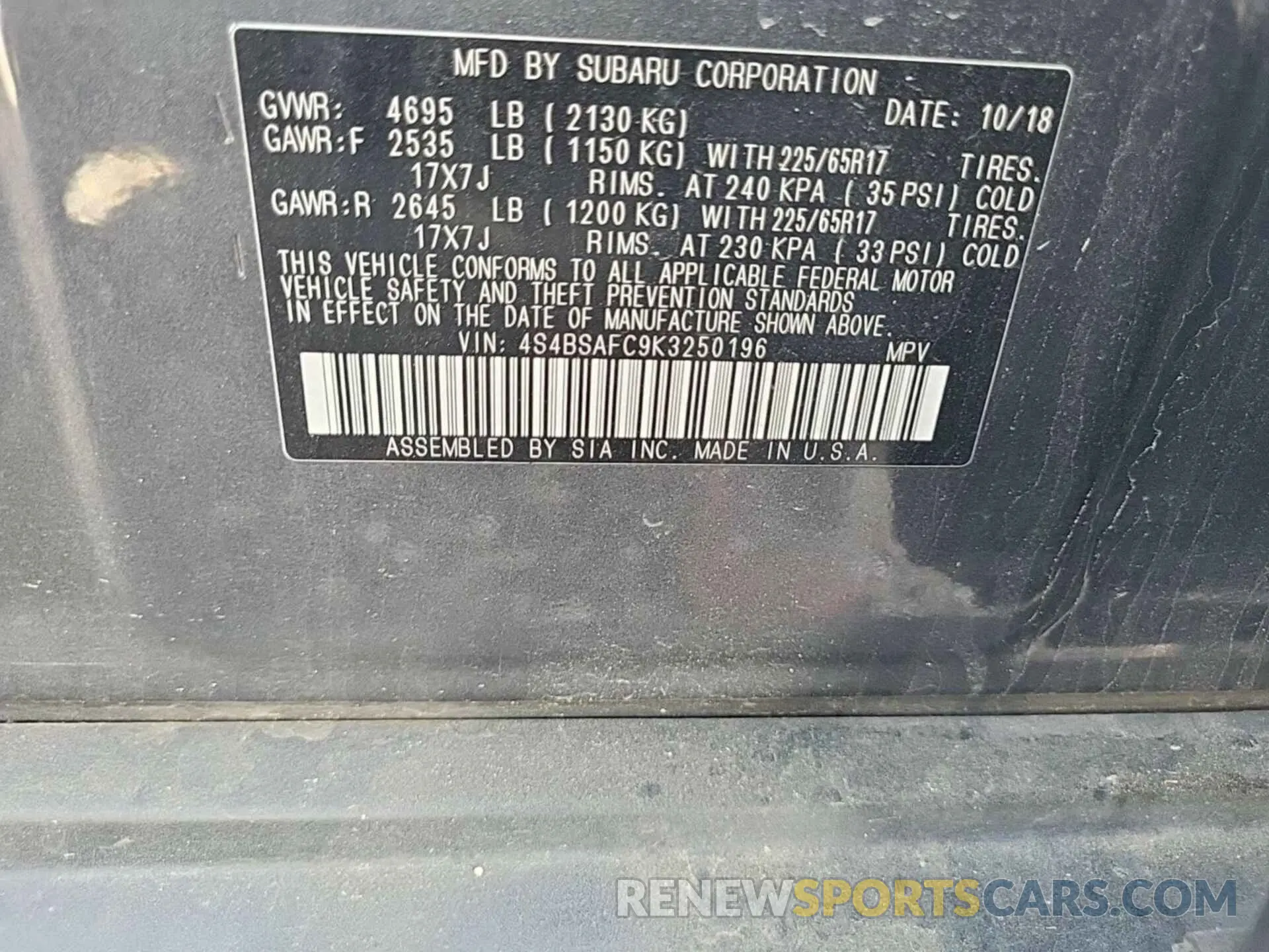 5 Photograph of a damaged car 4S4BSAFC9K3250196 SUBARU OUTBACK 2019
