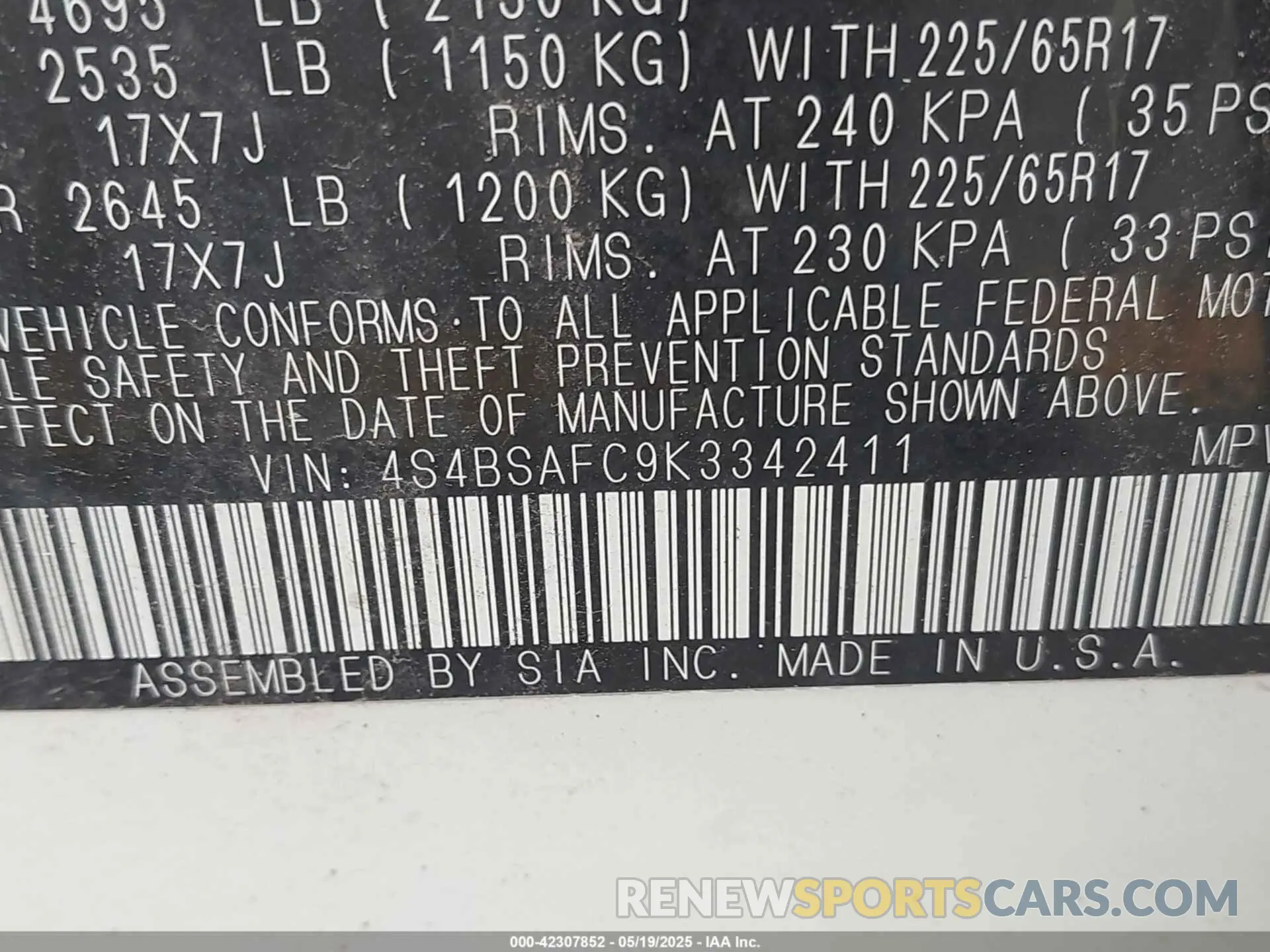 9 Photograph of a damaged car 4S4BSAFC9K3342411 SUBARU OUTBACK 2019