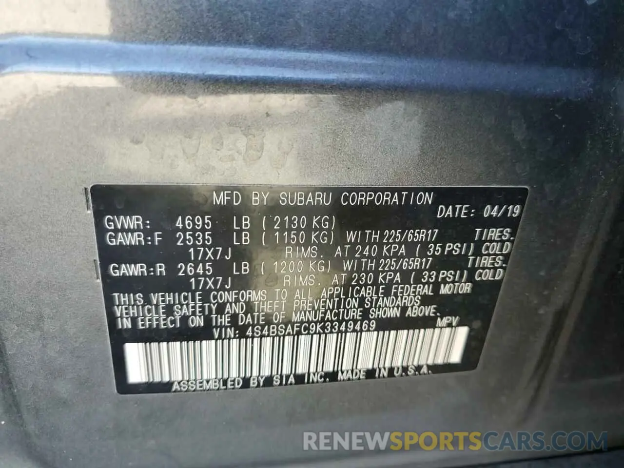 12 Photograph of a damaged car 4S4BSAFC9K3349469 SUBARU OUTBACK 2019