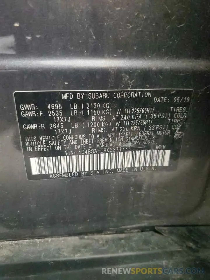 14 Photograph of a damaged car 4S4BSAFC9K3371777 SUBARU OUTBACK 2019