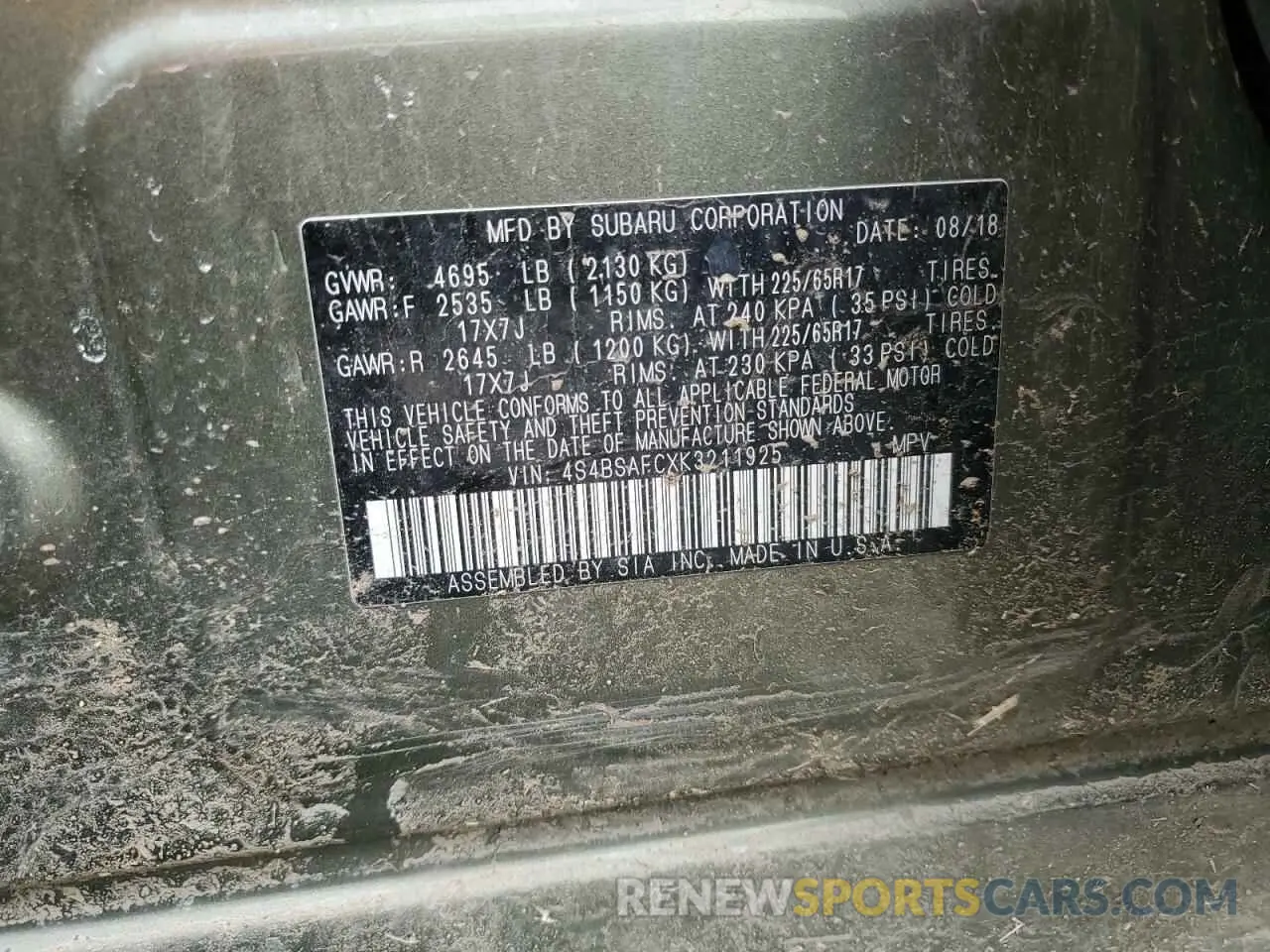 14 Photograph of a damaged car 4S4BSAFCXK3211925 SUBARU OUTBACK 2019