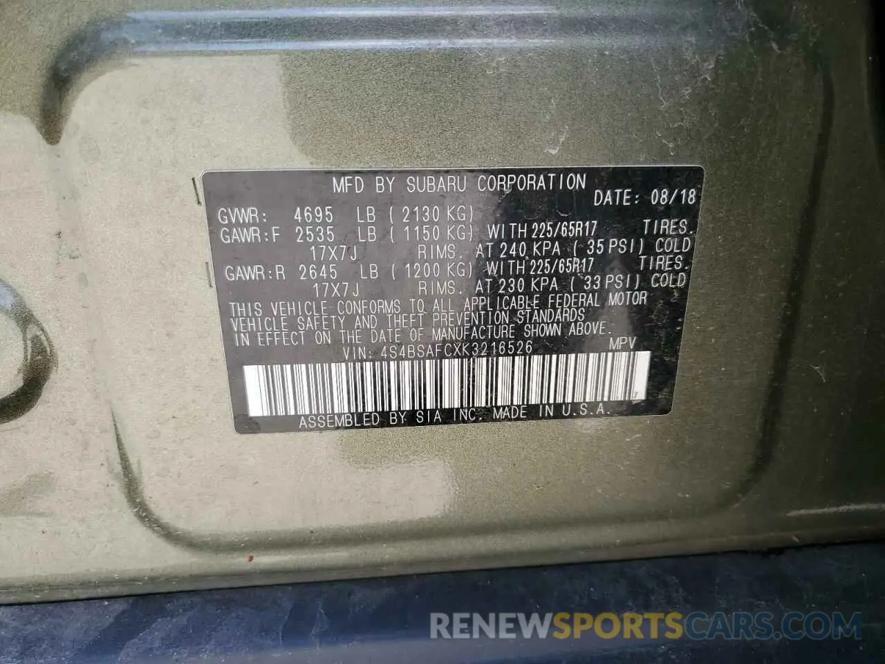 14 Photograph of a damaged car 4S4BSAFCXK3216526 SUBARU OUTBACK 2019