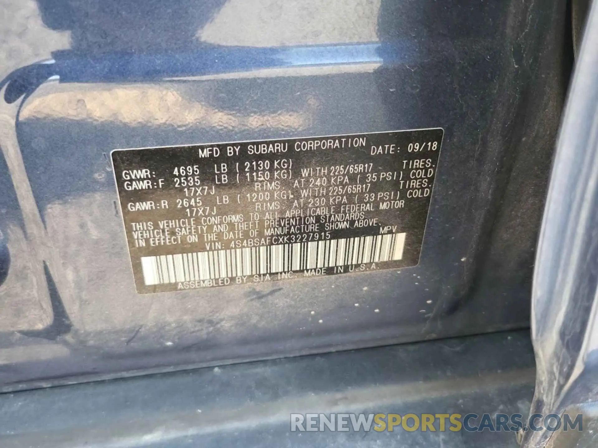 38 Photograph of a damaged car 4S4BSAFCXK3227915 SUBARU OUTBACK 2019
