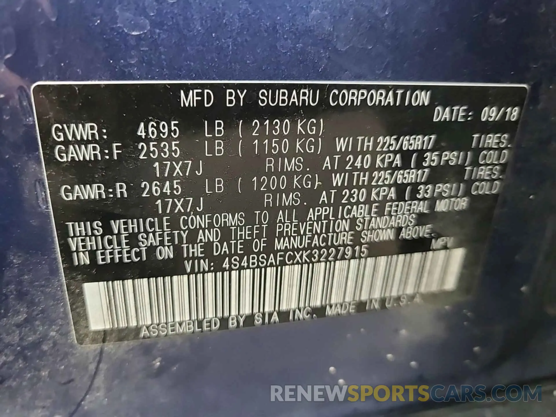 50 Photograph of a damaged car 4S4BSAFCXK3227915 SUBARU OUTBACK 2019