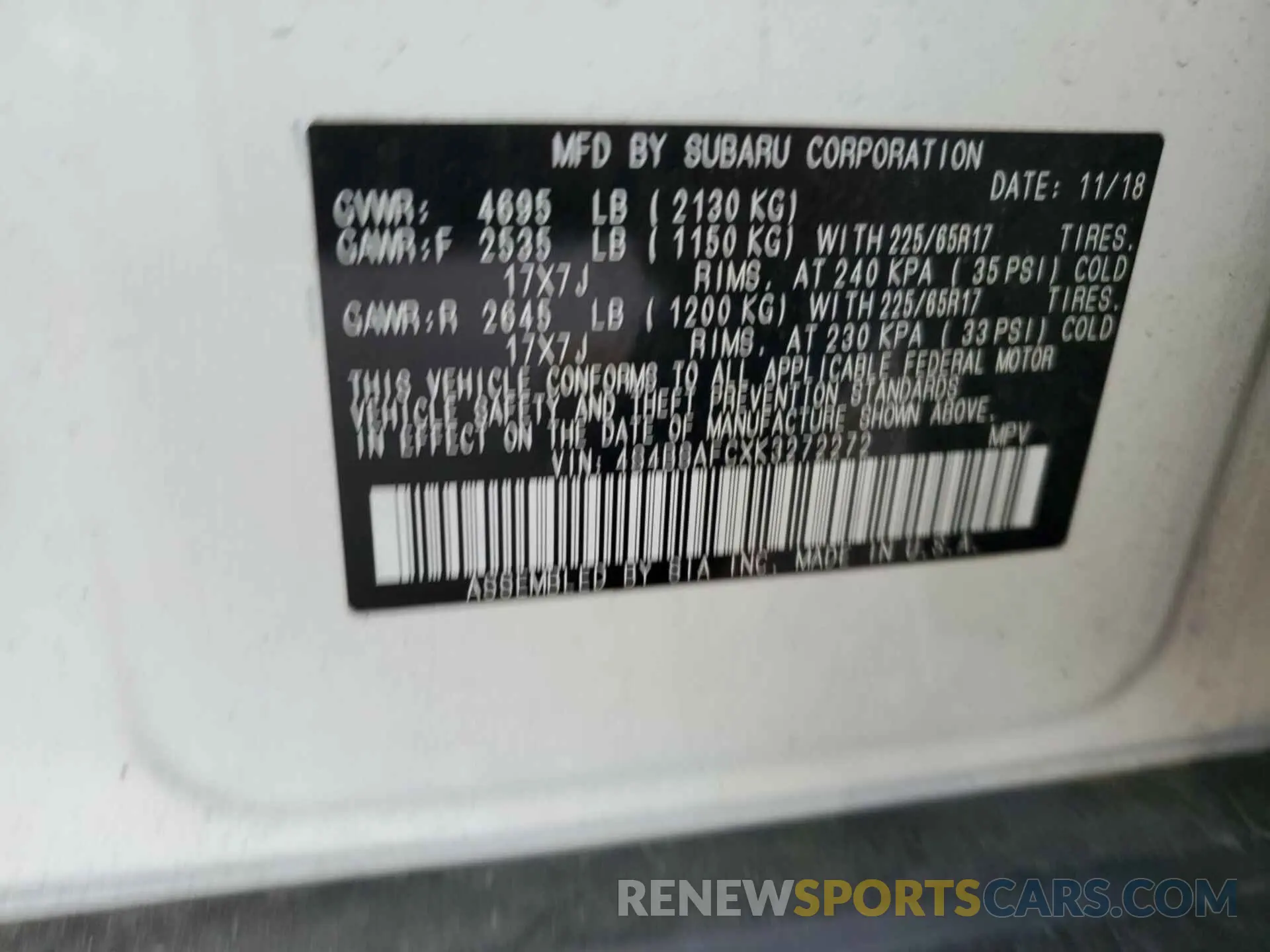 27 Photograph of a damaged car 4S4BSAFCXK3272272 SUBARU OUTBACK 2019