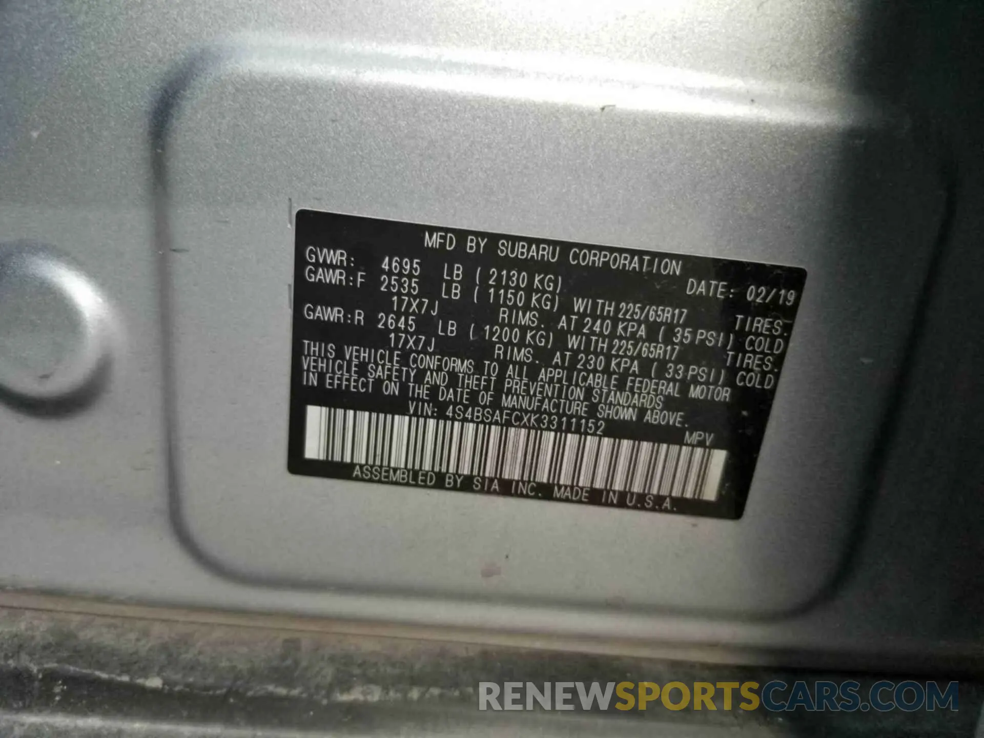 19 Photograph of a damaged car 4S4BSAFCXK3311152 SUBARU OUTBACK 2019